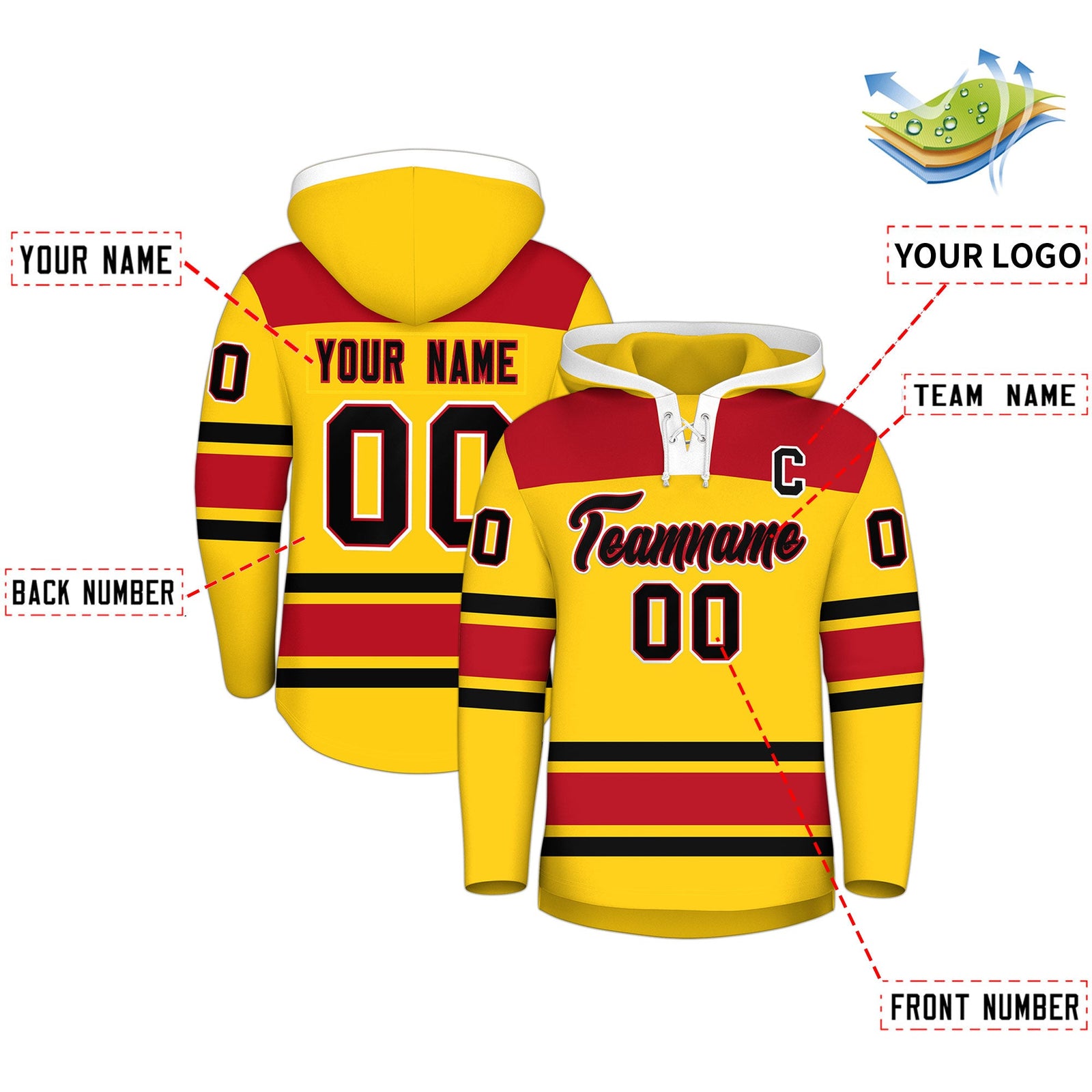 Custom Hockey Hoodie Jersey Gold Red Raglan Sleeves Lace-Up Neck Personal Name & Number & Logo
