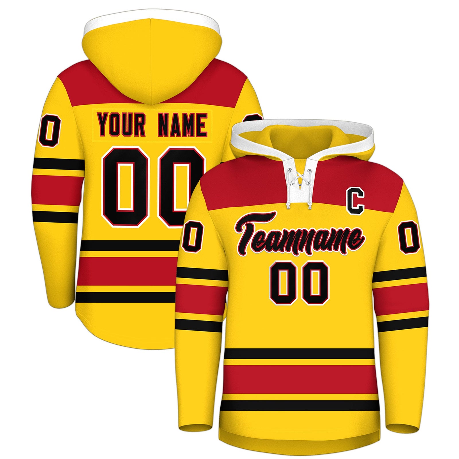 Custom Hockey Hoodie Jersey Gold Red Raglan Sleeves Lace-Up Neck Personal Name & Number & Logo