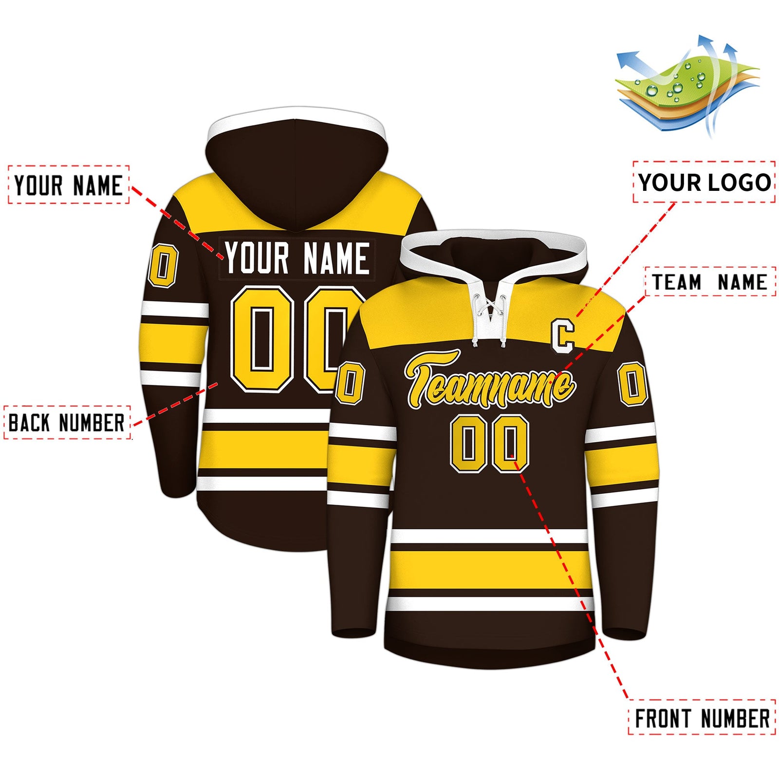 Custom Hockey Hoodie Jersey Brown Gold Raglan Sleeves Lace-Up Neck Personalized Jersey for Men & Youth
