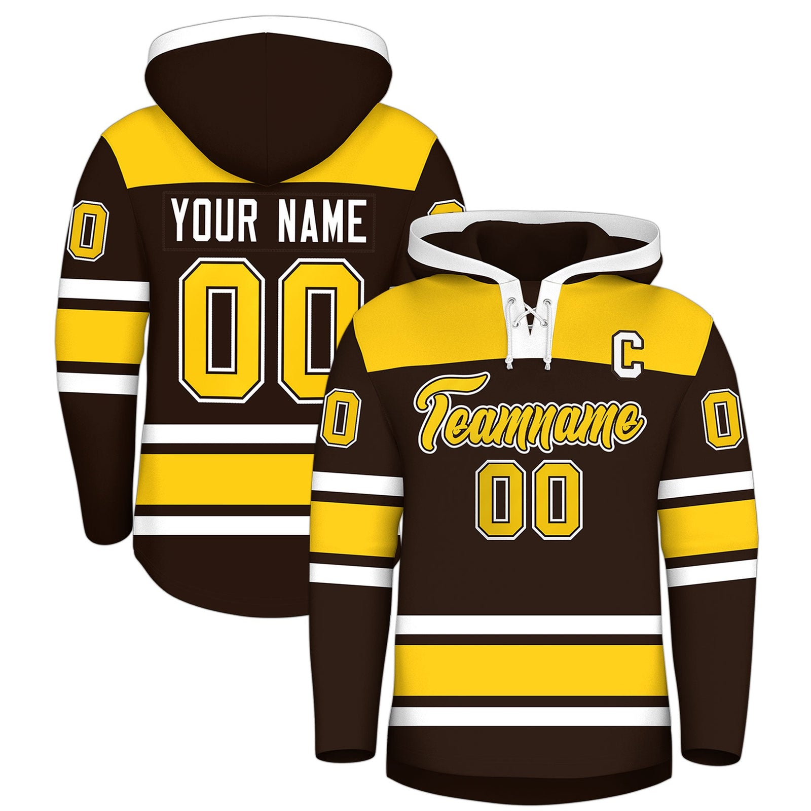 Custom Hockey Hoodie Jersey Brown Gold Raglan Sleeves Lace-Up Neck Personalized Jersey for Men & Youth