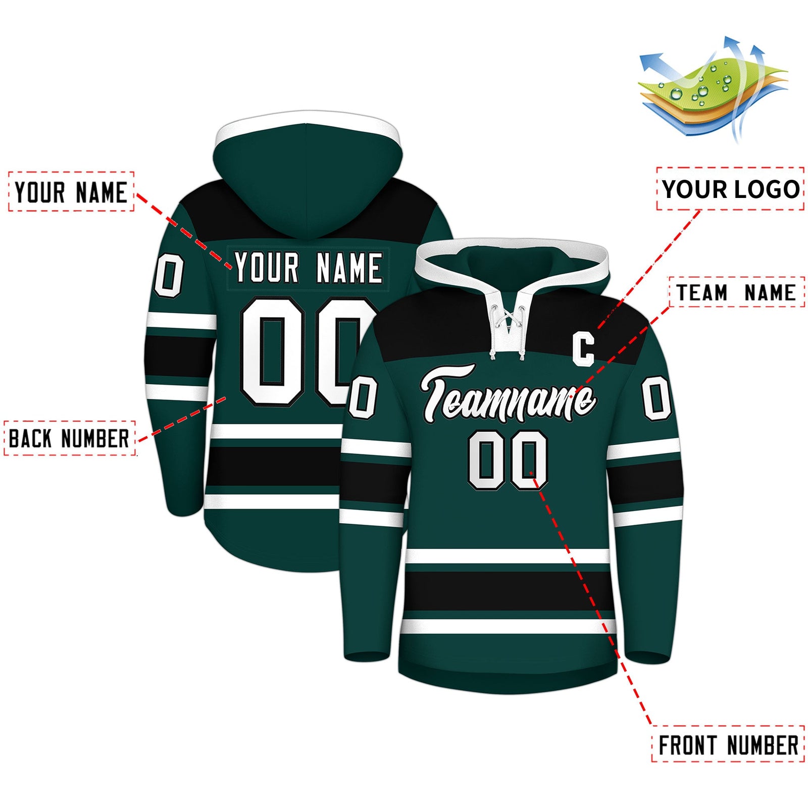 Custom Hockey Hoodie Jersey Midnight Green Black Raglan Sleeves Lace-Up Neck Personal Name & Number & Logo