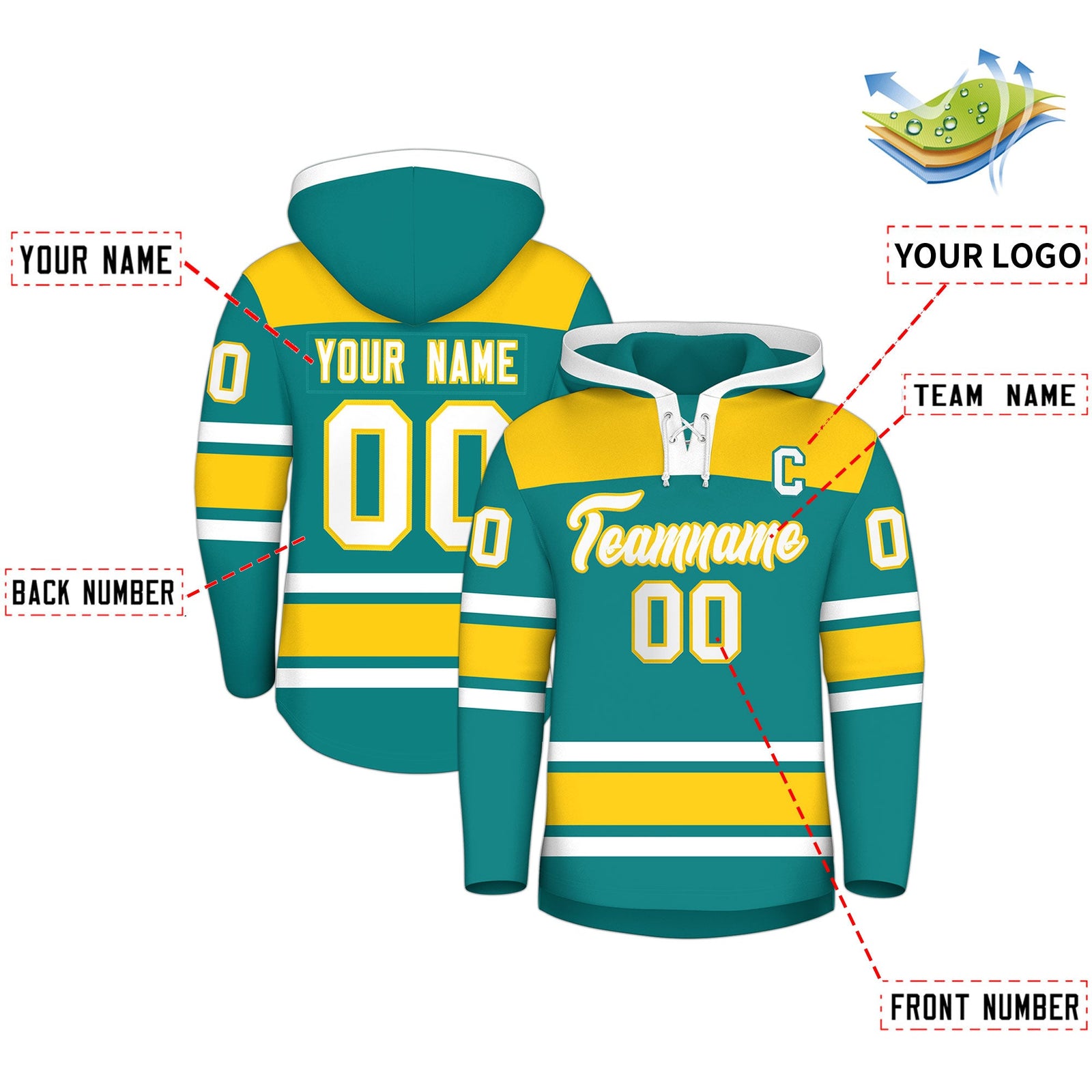 Custom Hockey Hoodie Jersey Teal Gold Raglan Sleeves Lace-Up Neck Personal Name & Number & Logo