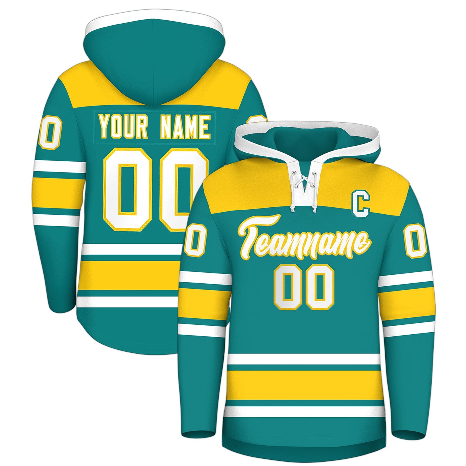 Custom Hockey Hoodie Jersey Teal Gold Raglan Sleeves Lace-Up Neck Personal Name & Number & Logo
