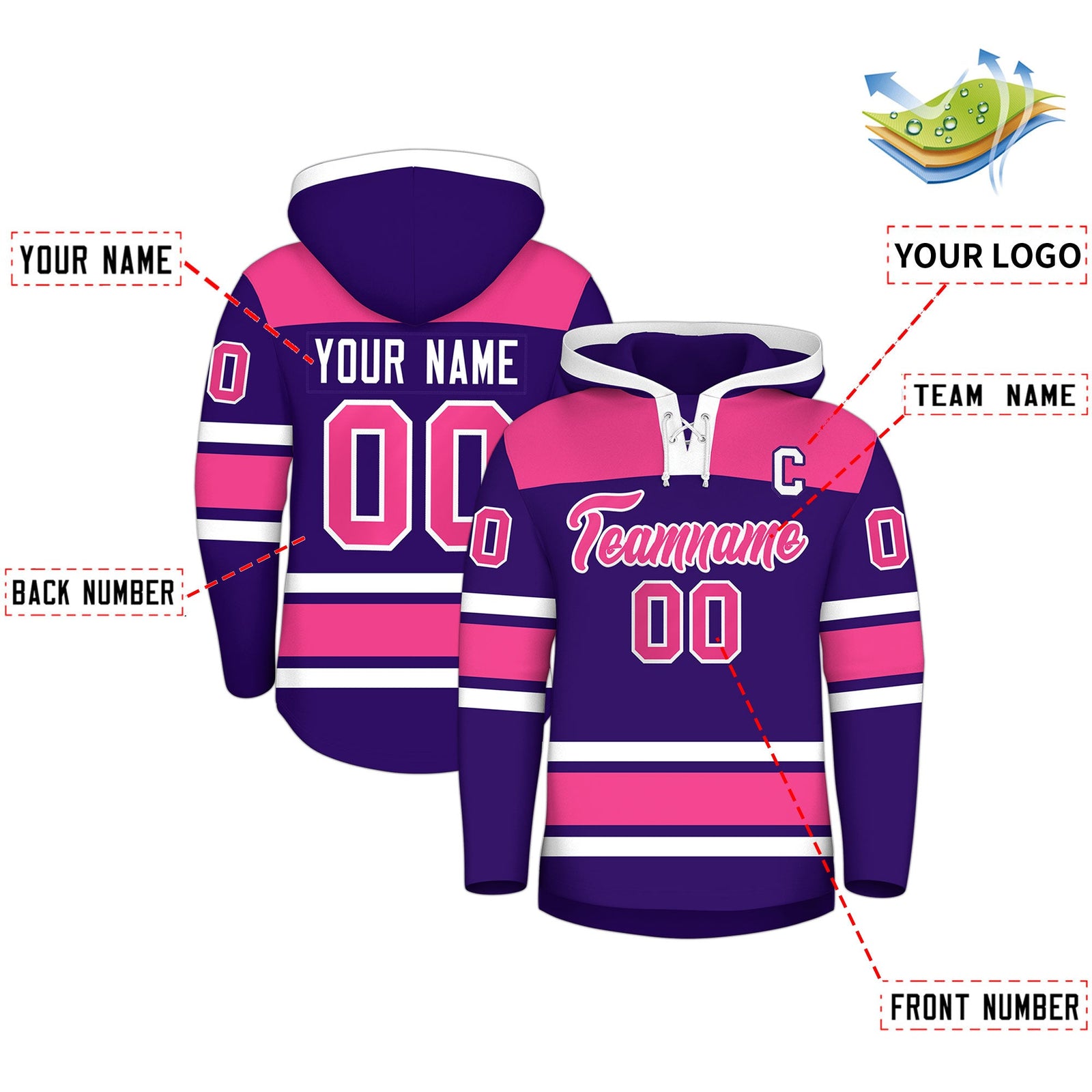 Custom Hockey Hoodie Jersey Purple Pink Raglan Sleeves Lace-Up Neck Classic Team Colors Hoodie