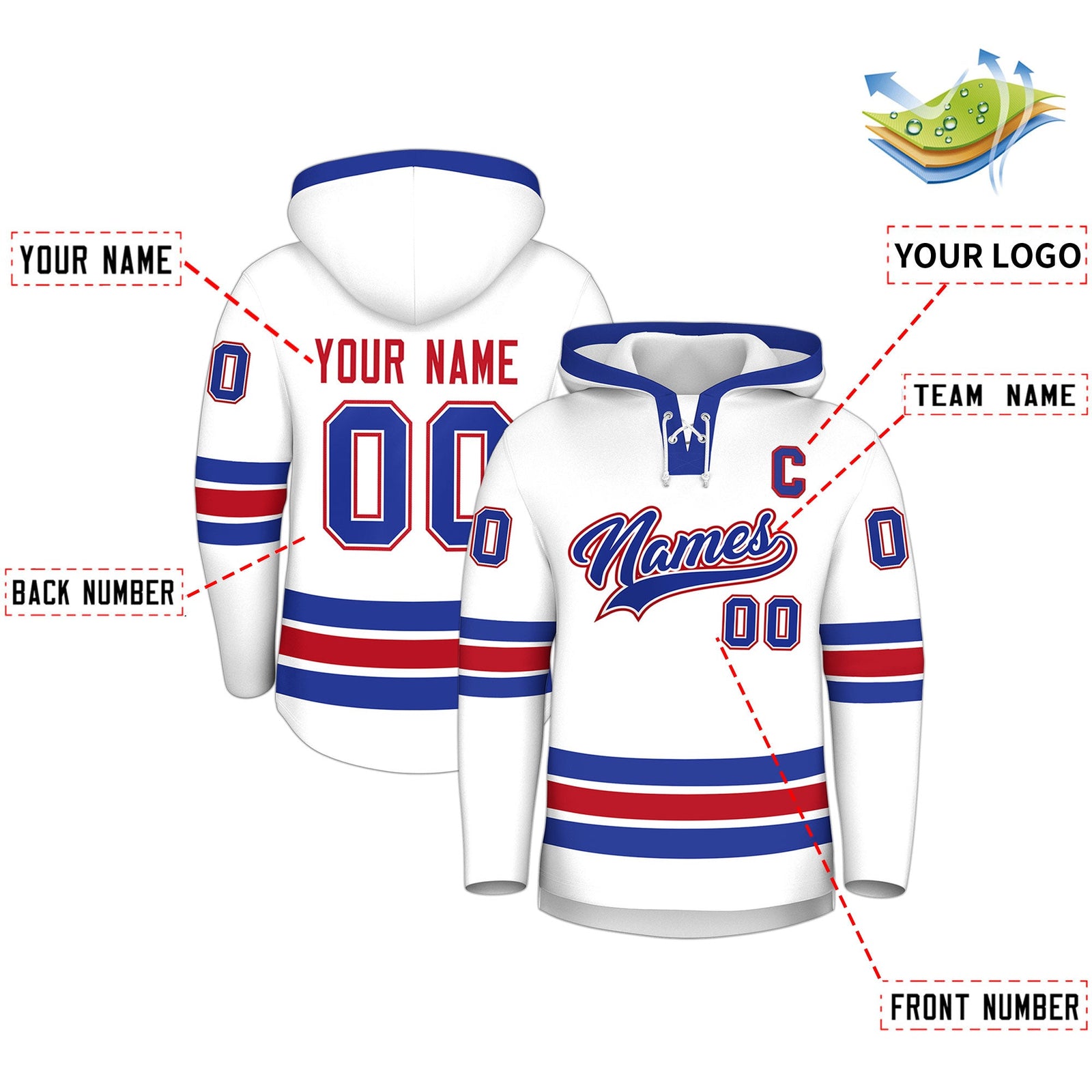Custom Hockey Hoodie Jersey White Royal Blue Classic Style for Men&Youth