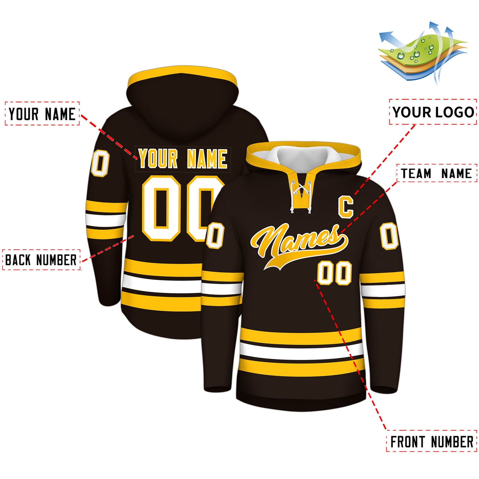 Custom Hockey Hoodie Jersey Brown Gold Classic Style Add Name,Number & Logo