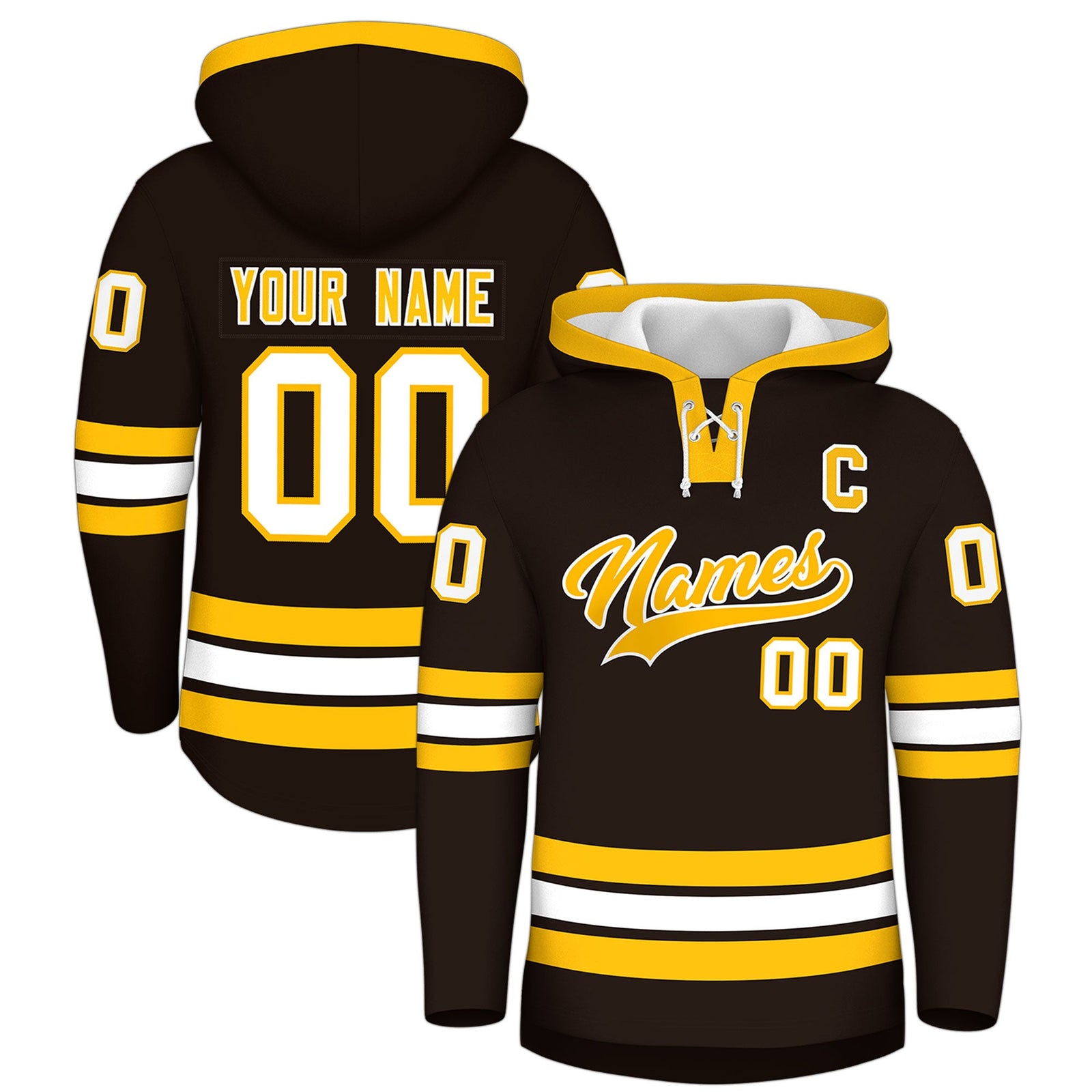 Custom Hockey Hoodie Jersey Brown Gold Classic Style Add Name,Number & Logo