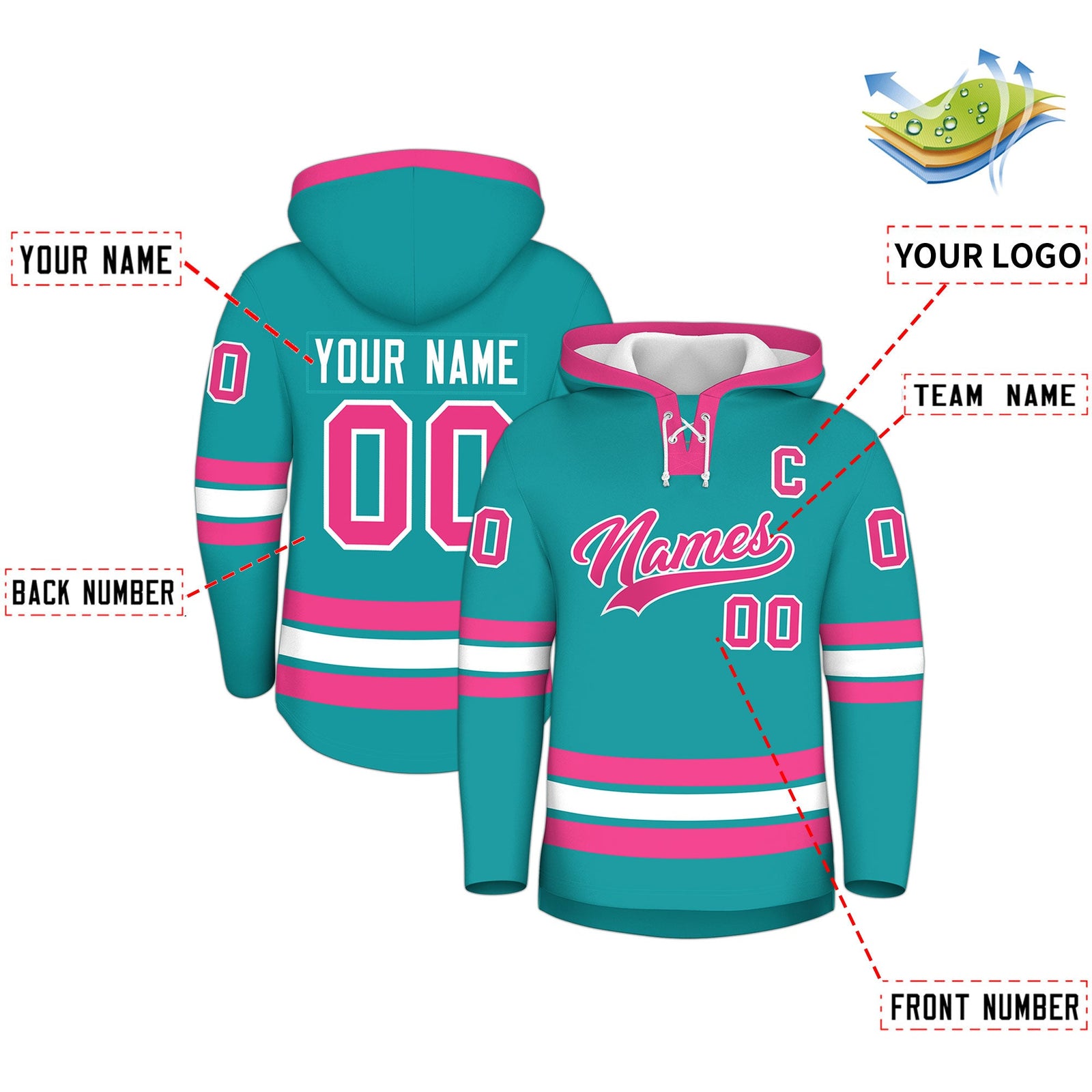 Custom Hockey Hoodie Jersey Aqua Pink Classic Style Add Name,Number & Logo