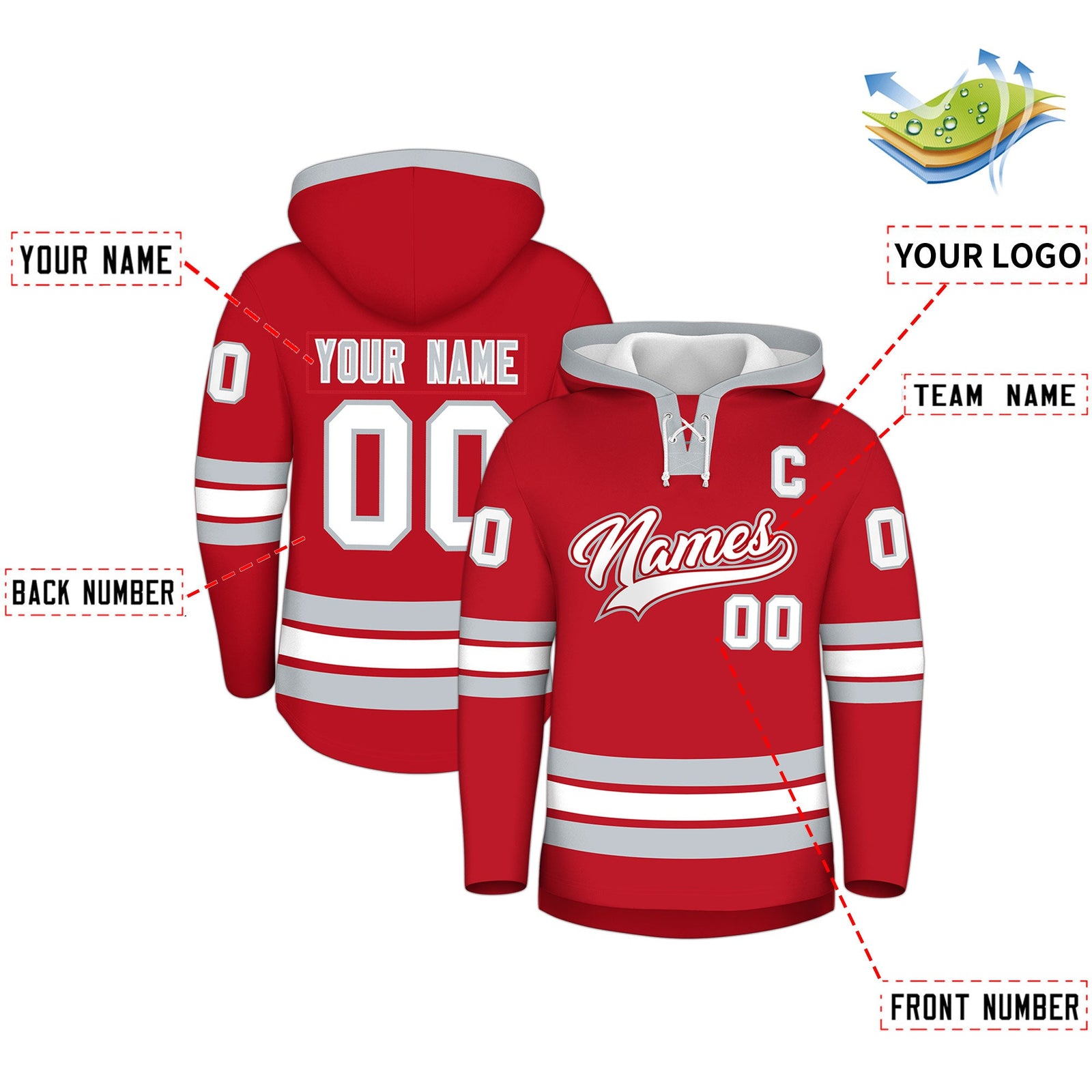 Custom Hockey Hoodie Jersey Red Silver Classic Style Add Name,Number&Logo