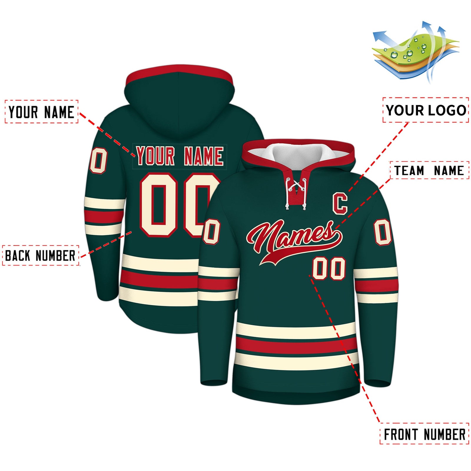 Custom Hockey Hoodie Jersey Midnight Green Red Classic Style Add Name,Number&Logo