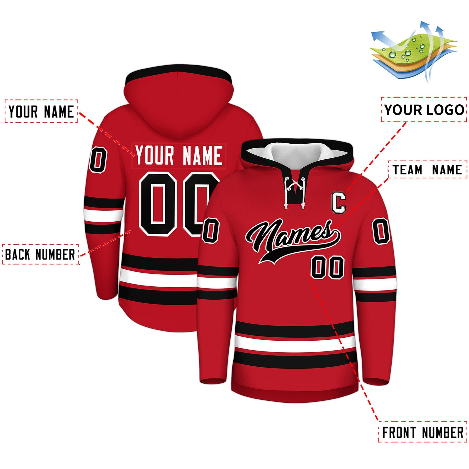Custom Hockey Hoodie Jersey Red Black Classic Style Add Name,Number&Logo