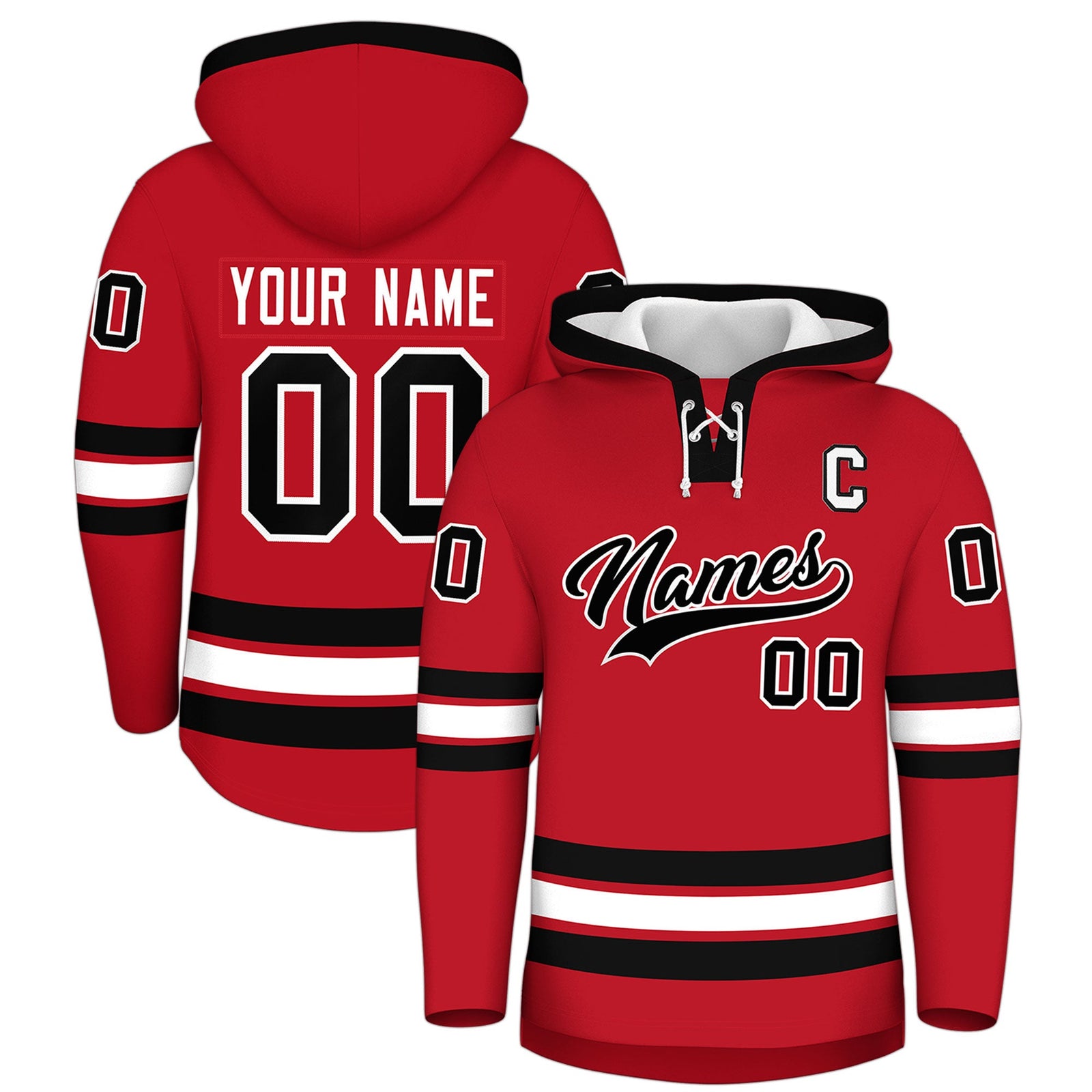 Custom Hockey Hoodie Jersey Red Black Classic Style Add Name,Number&Logo