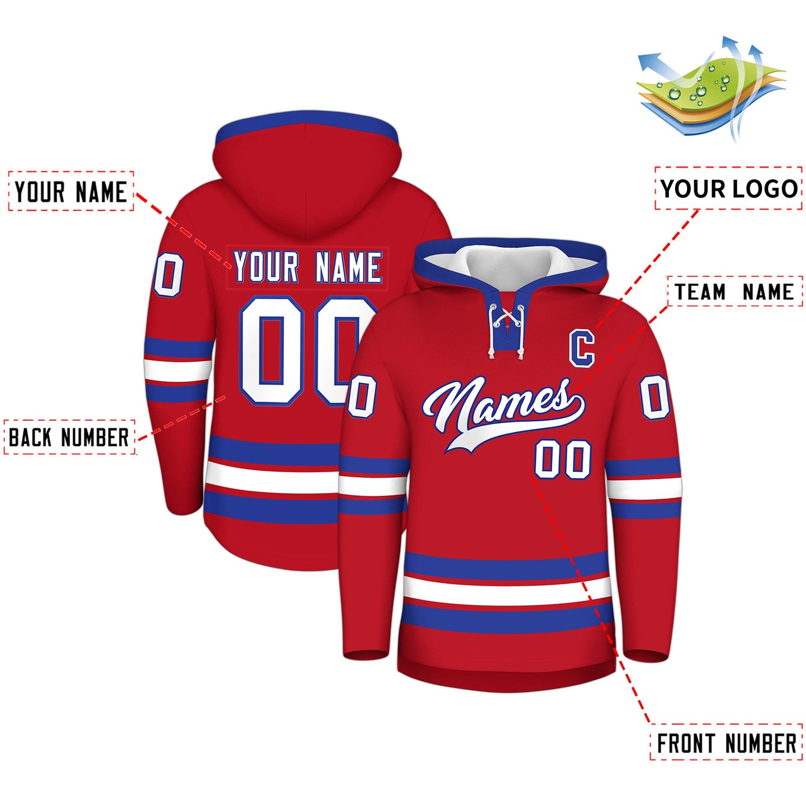 Custom Hockey Hoodie Jersey Red Royal Blue Classic Style Add Name,Number&Logo