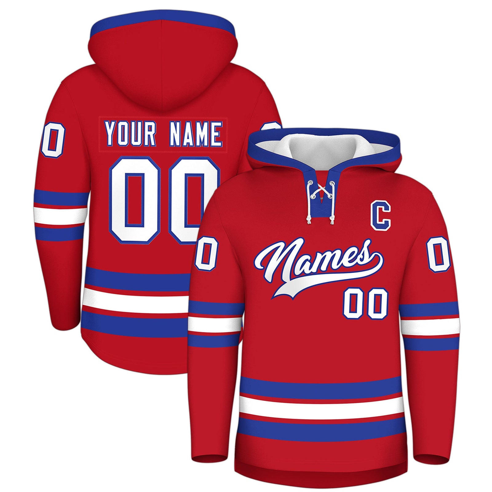 Custom Hockey Hoodie Jersey Red Royal Blue Classic Style Add Name,Number&Logo