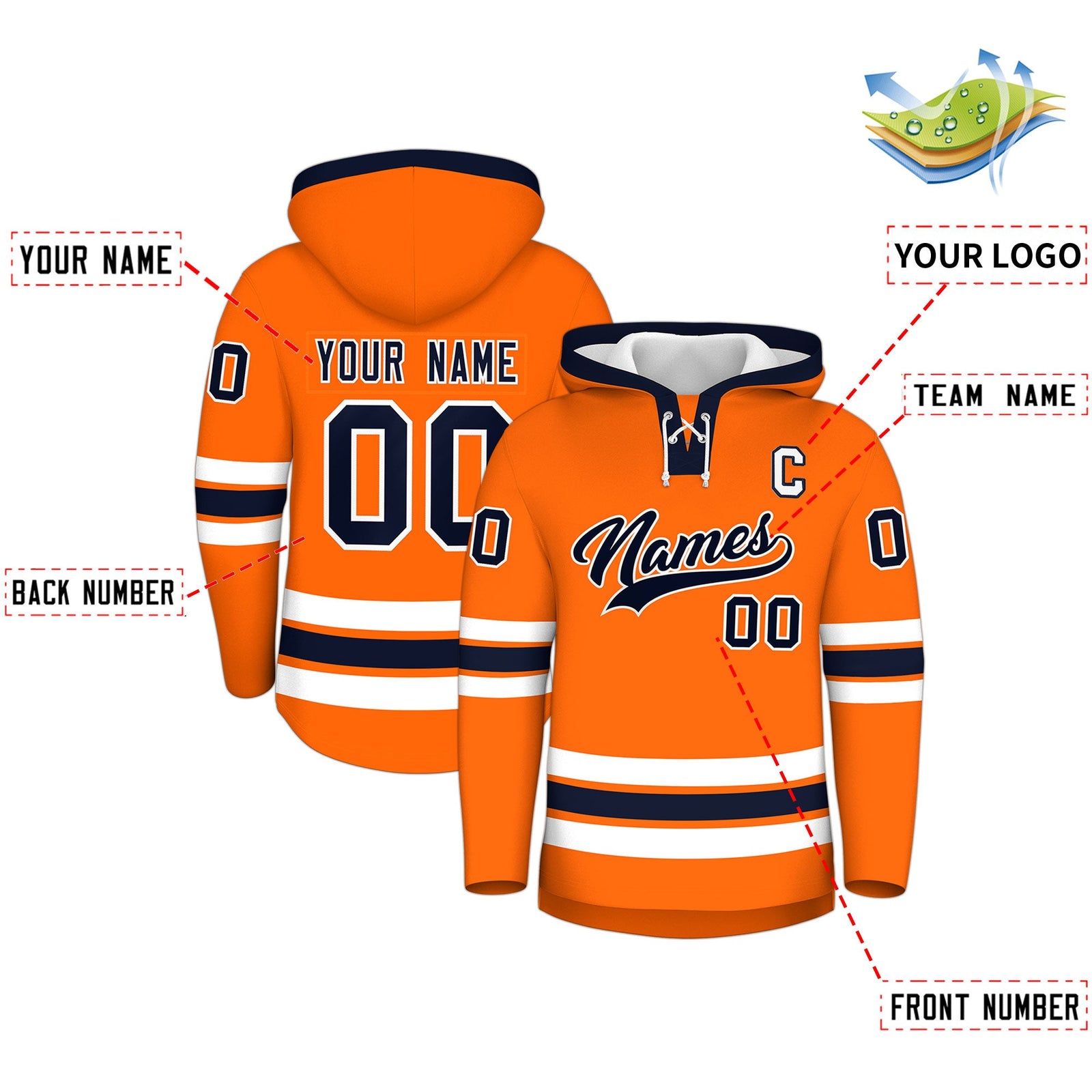 Custom Hockey Hoodie Jersey Orange Navy Classic Style Add Name,Number&Logo