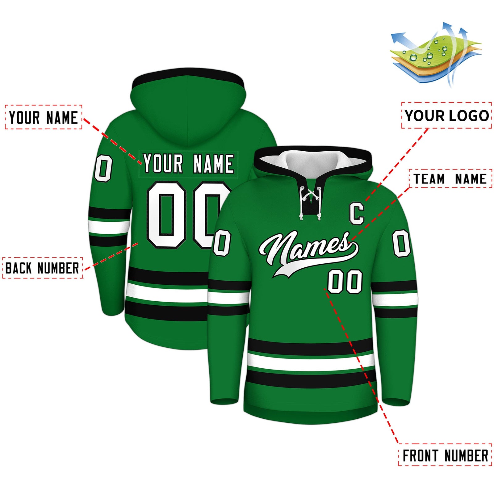 Custom Hockey Hoodie Jersey Kelly Green Black Classic Style for Men&Youth