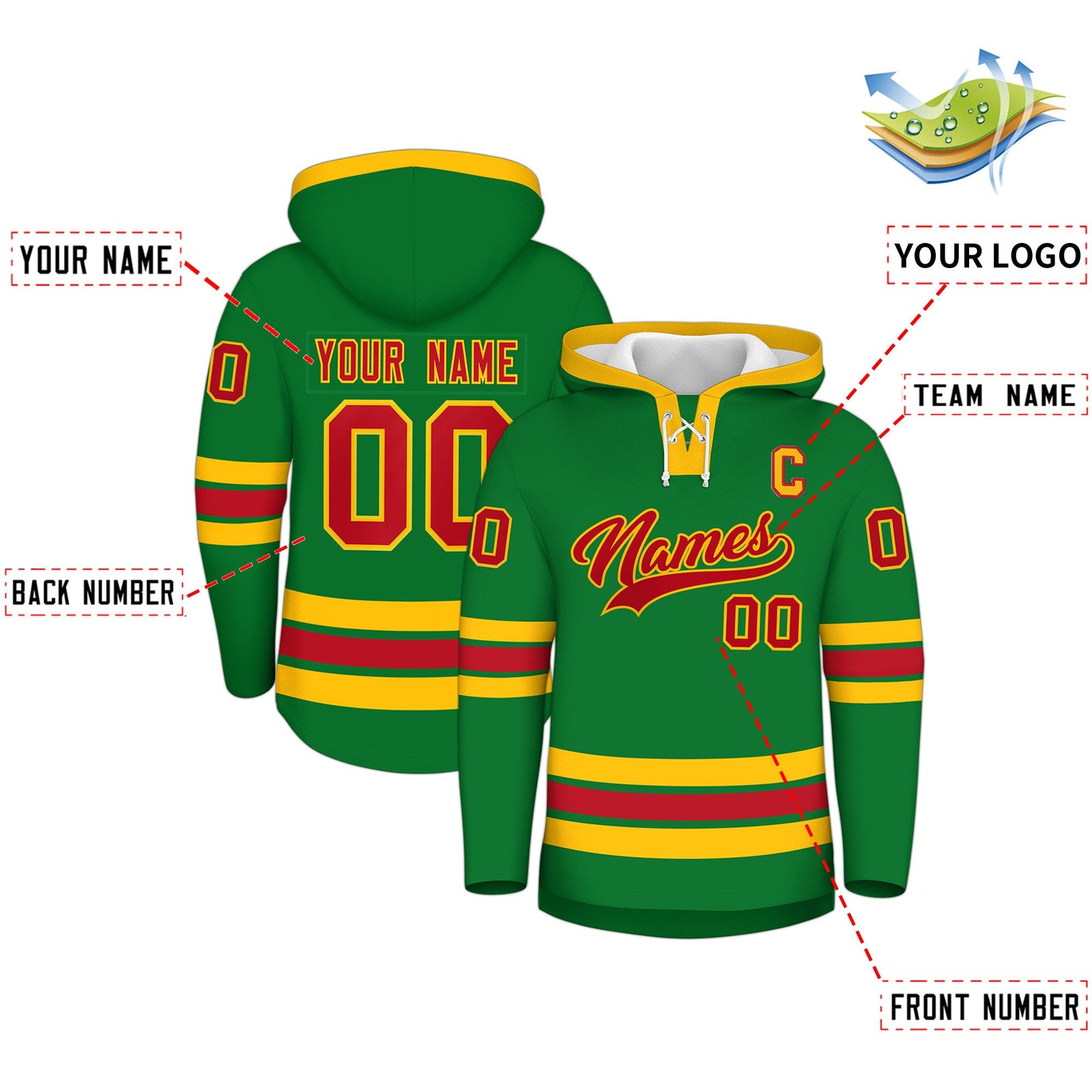 Custom Hockey Hoodie Jersey Kelly Green Red Classic Style Add Name,Number&Logo