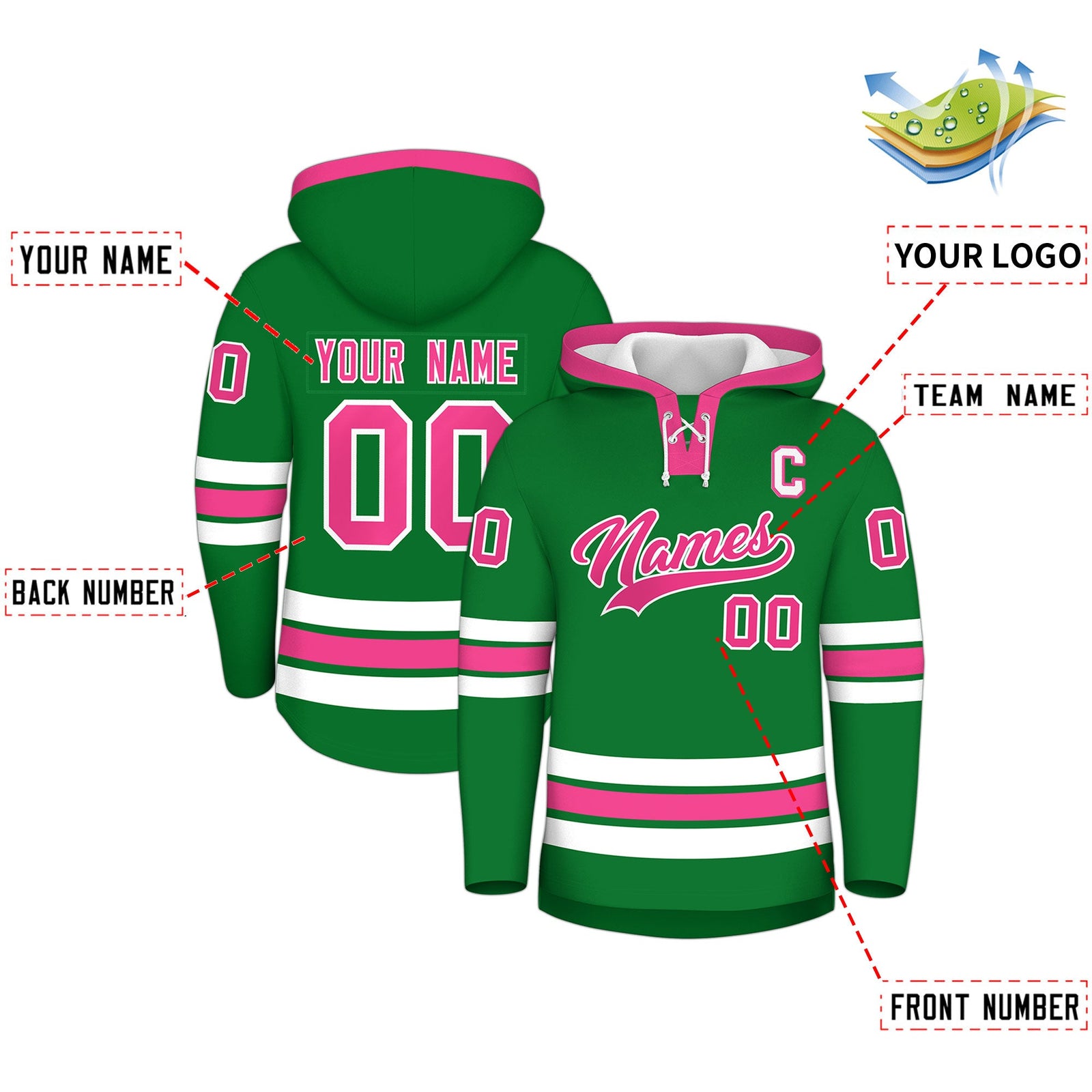 Custom Hockey Hoodie Jersey Kelly Green Pink Classic Style for Men&Youth