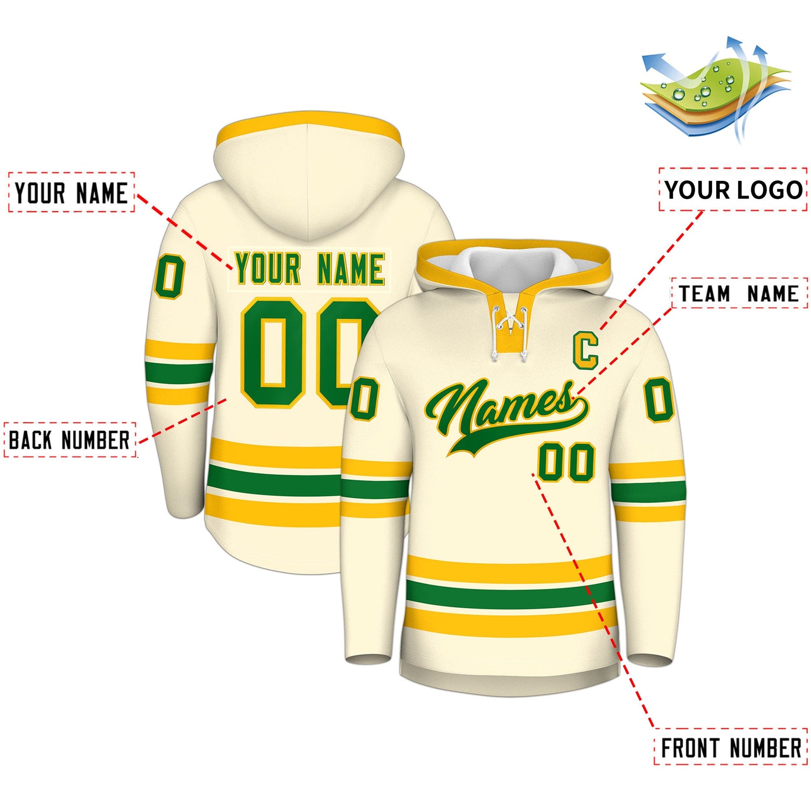 Custom Hockey Hoodie Jersey Cream Kelly Green Classic Style Add Name,Number&Logo