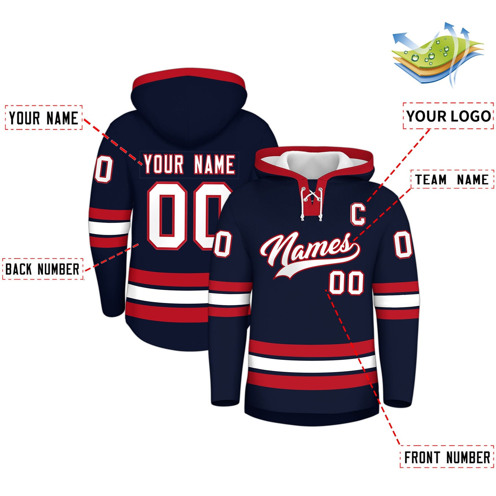 Custom Hockey Hoodie Jersey Navy Red Classic Style for Men&Youth
