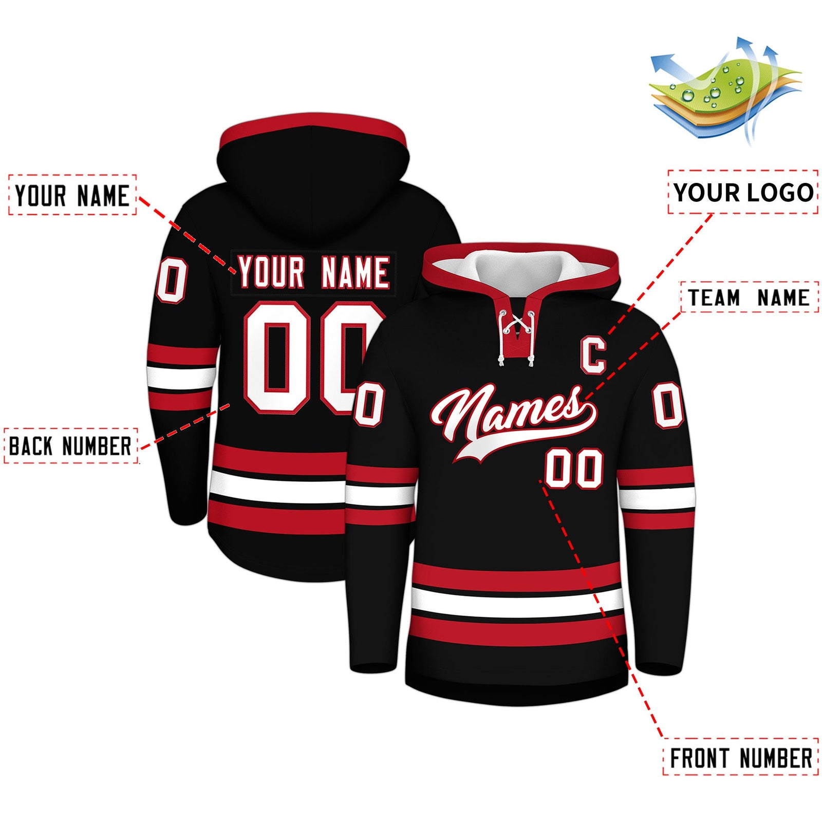 Custom Hockey Hoodie Jersey Black Red Classic Style Add Name,Number&Logo