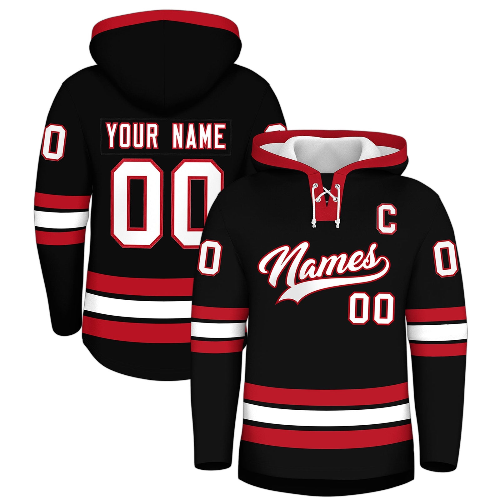 Custom Hockey Hoodie Jersey Black Red Classic Style Add Name,Number&Logo