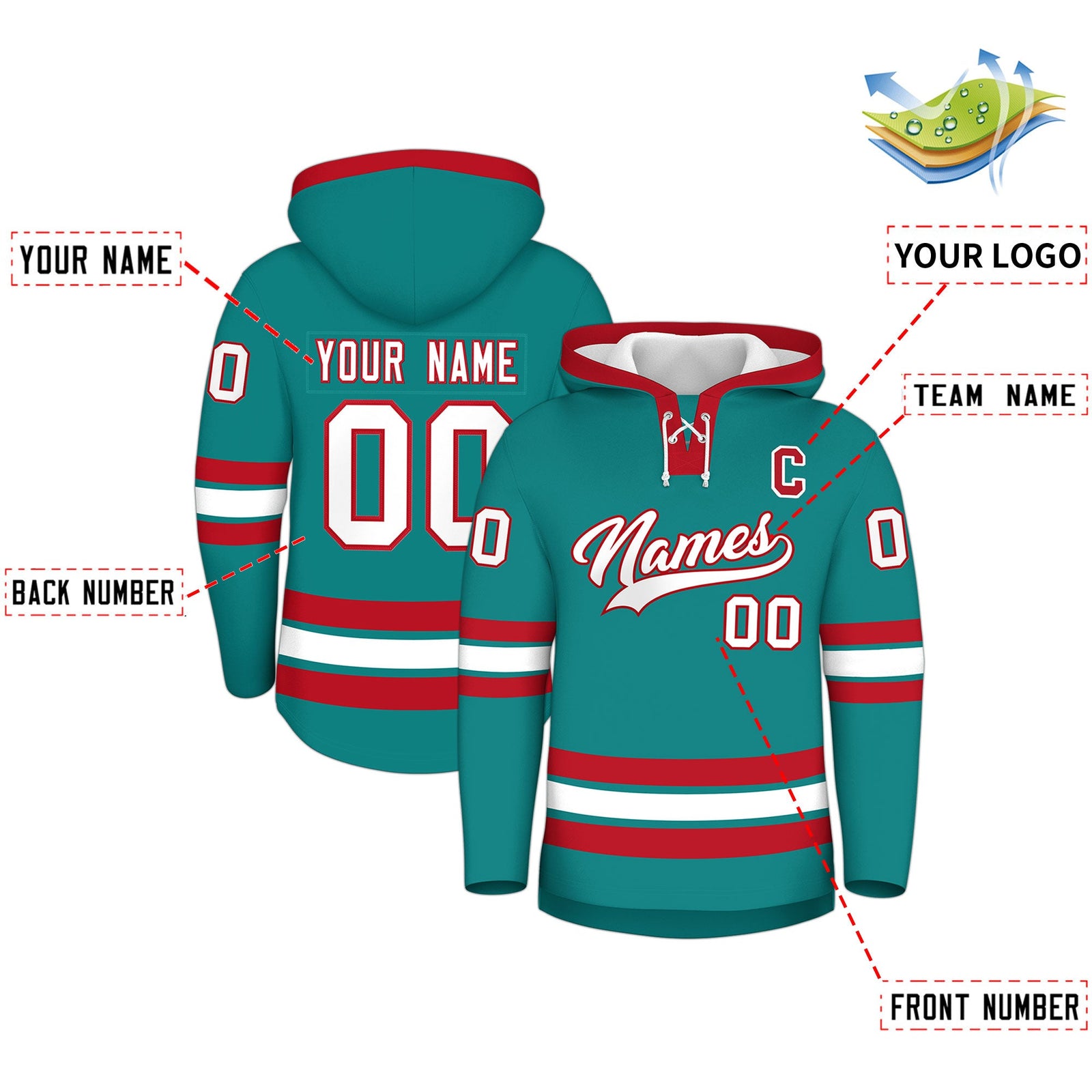 Custom Hockey Hoodie Jersey Teal Red Classic Style for Men&Youth