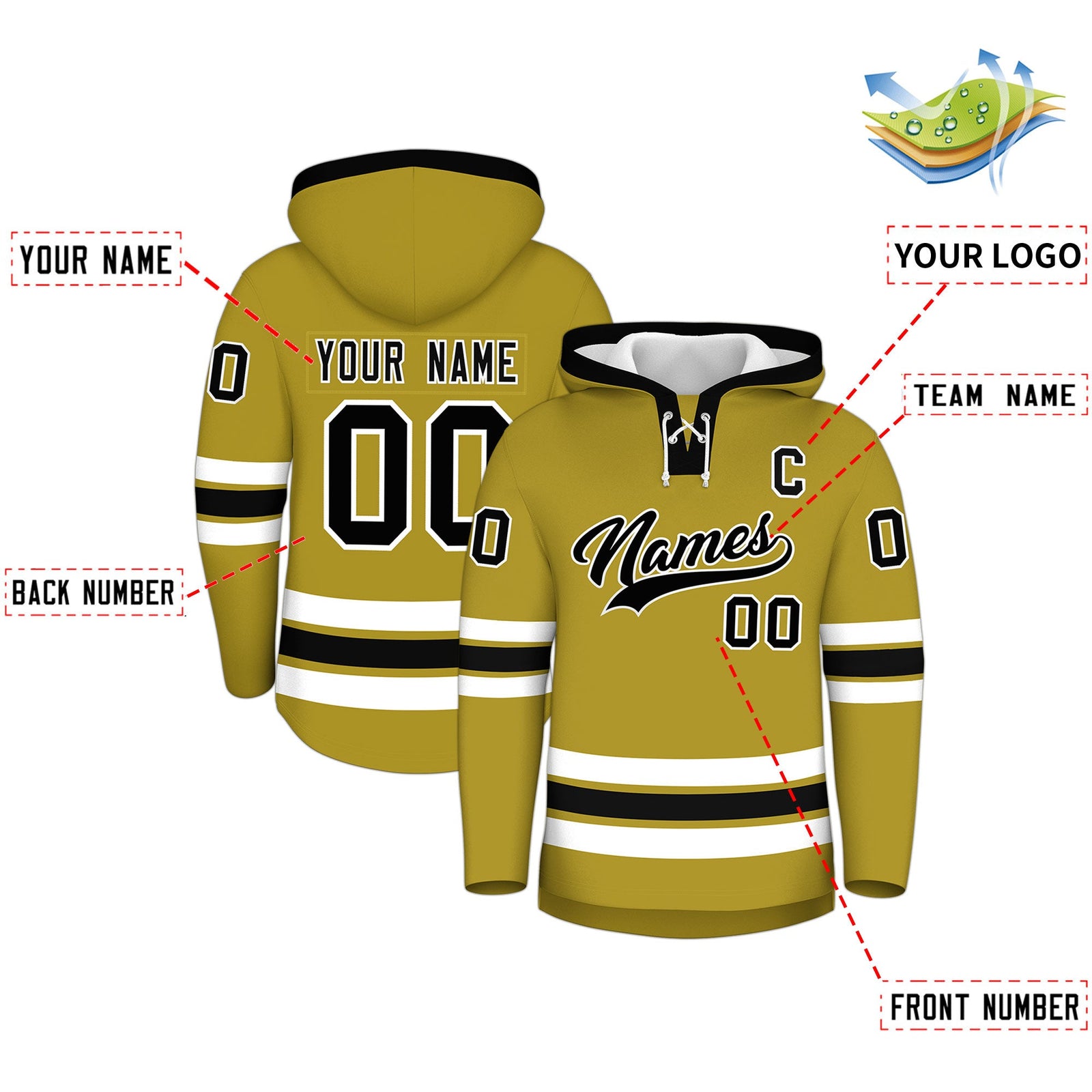 Custom Hockey Hoodie Jersey Old Gold Black Classic Style for Men&Youth