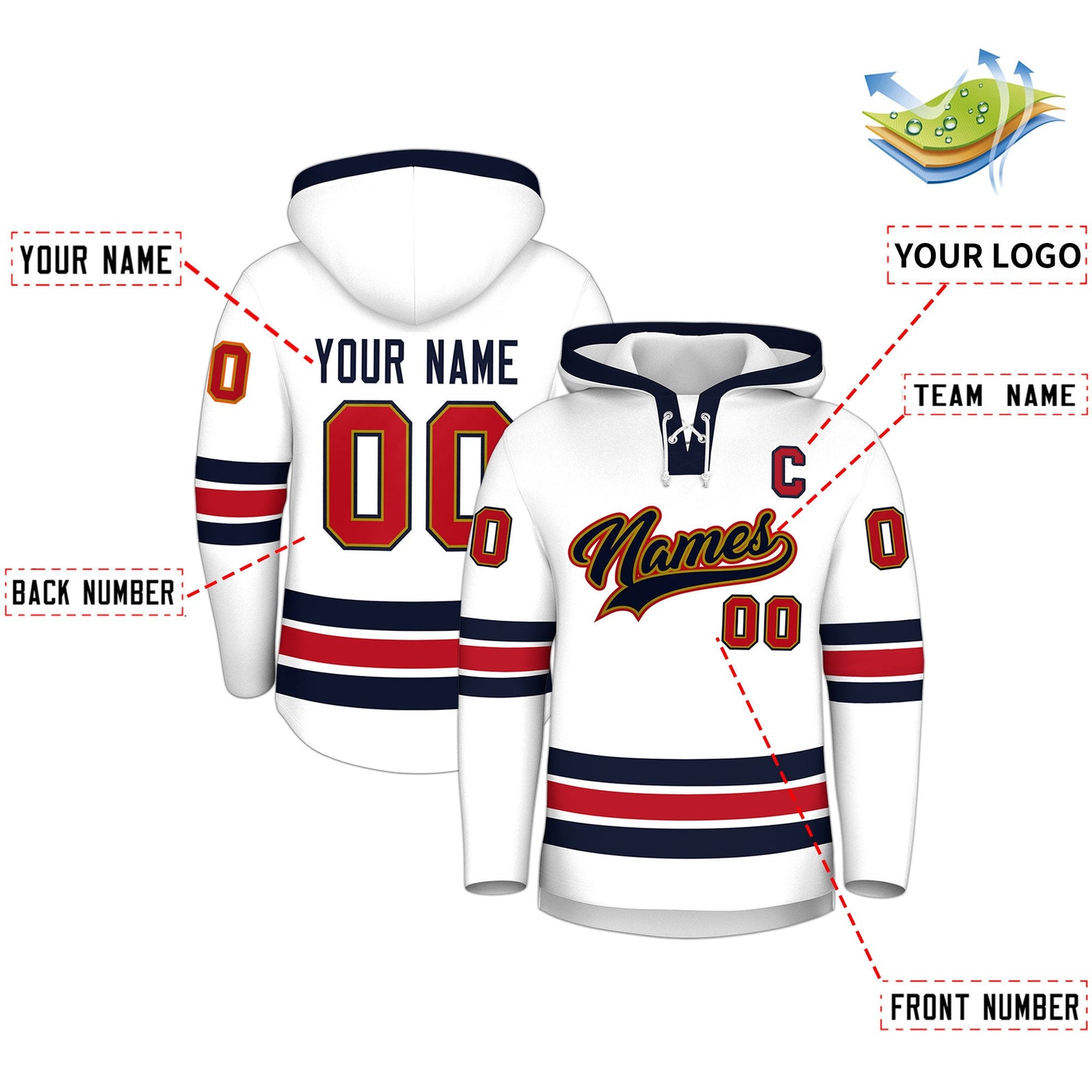Custom Hockey Hoodie Jersey White Navy Classic Style Add Name,Number & Logo