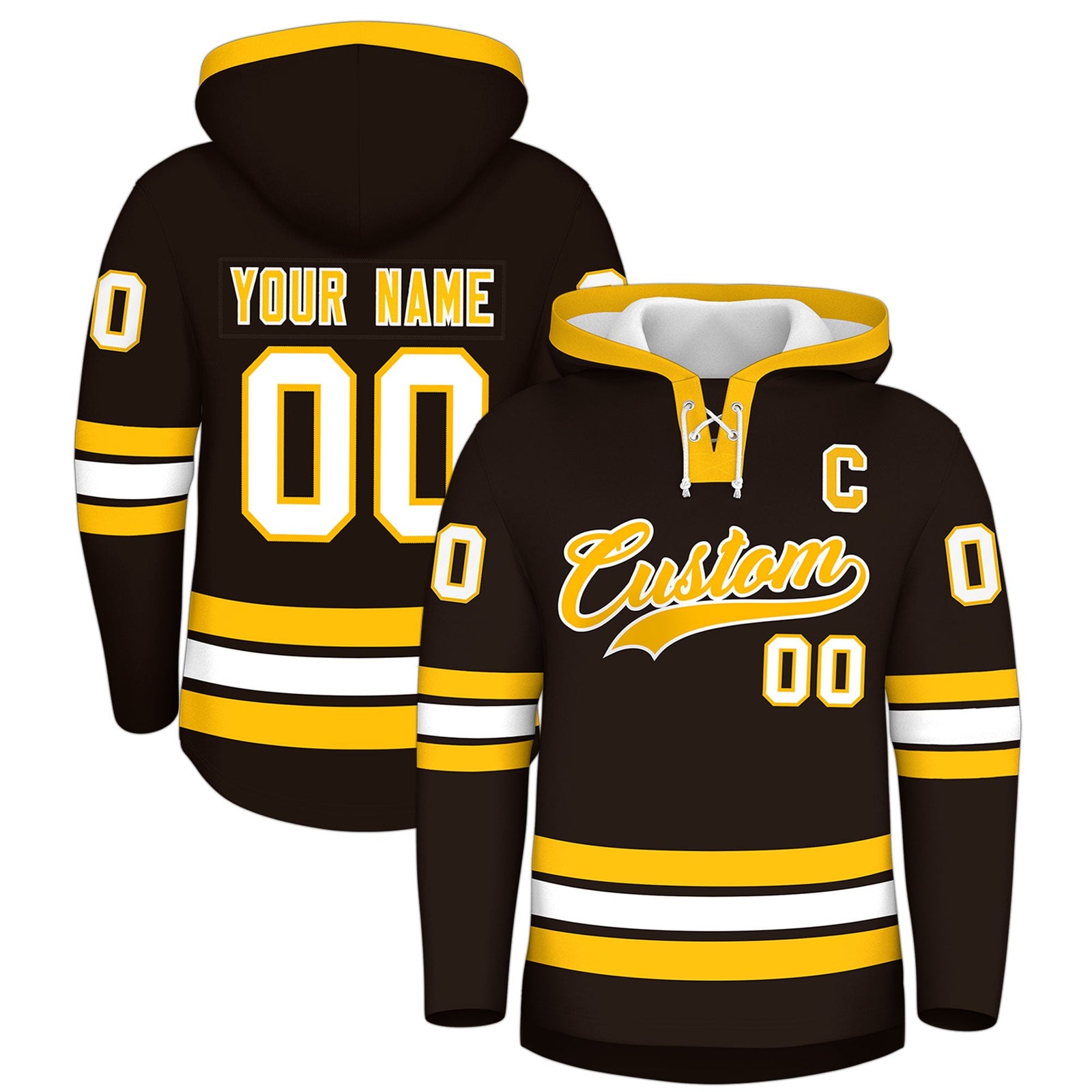 Custom Hockey Hoodie Jersey Brown Gold Classic Style Add Name,Number & Logo