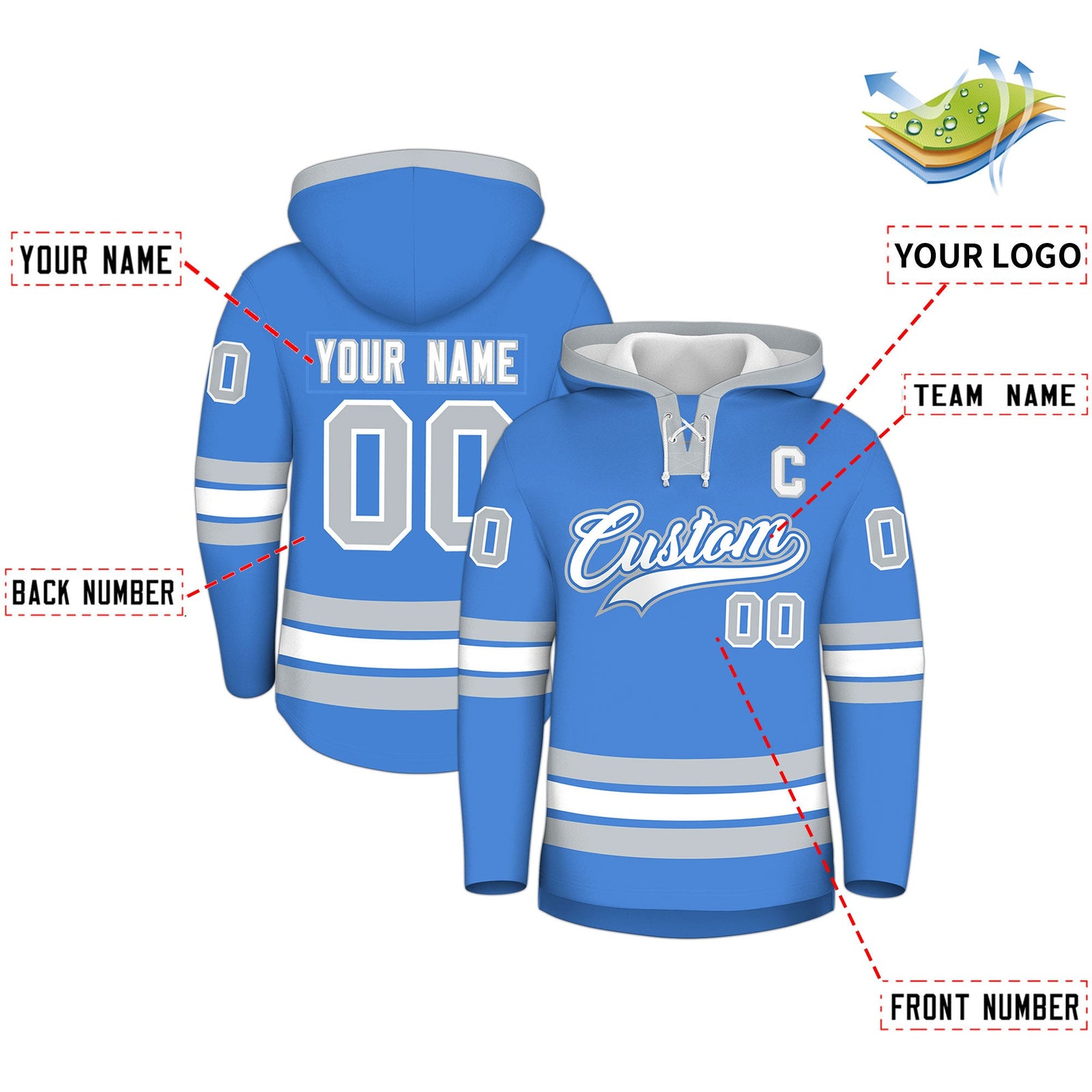 Custom Hockey Hoodie Jersey Powder Blue Silver Classic Style for Men&Youth