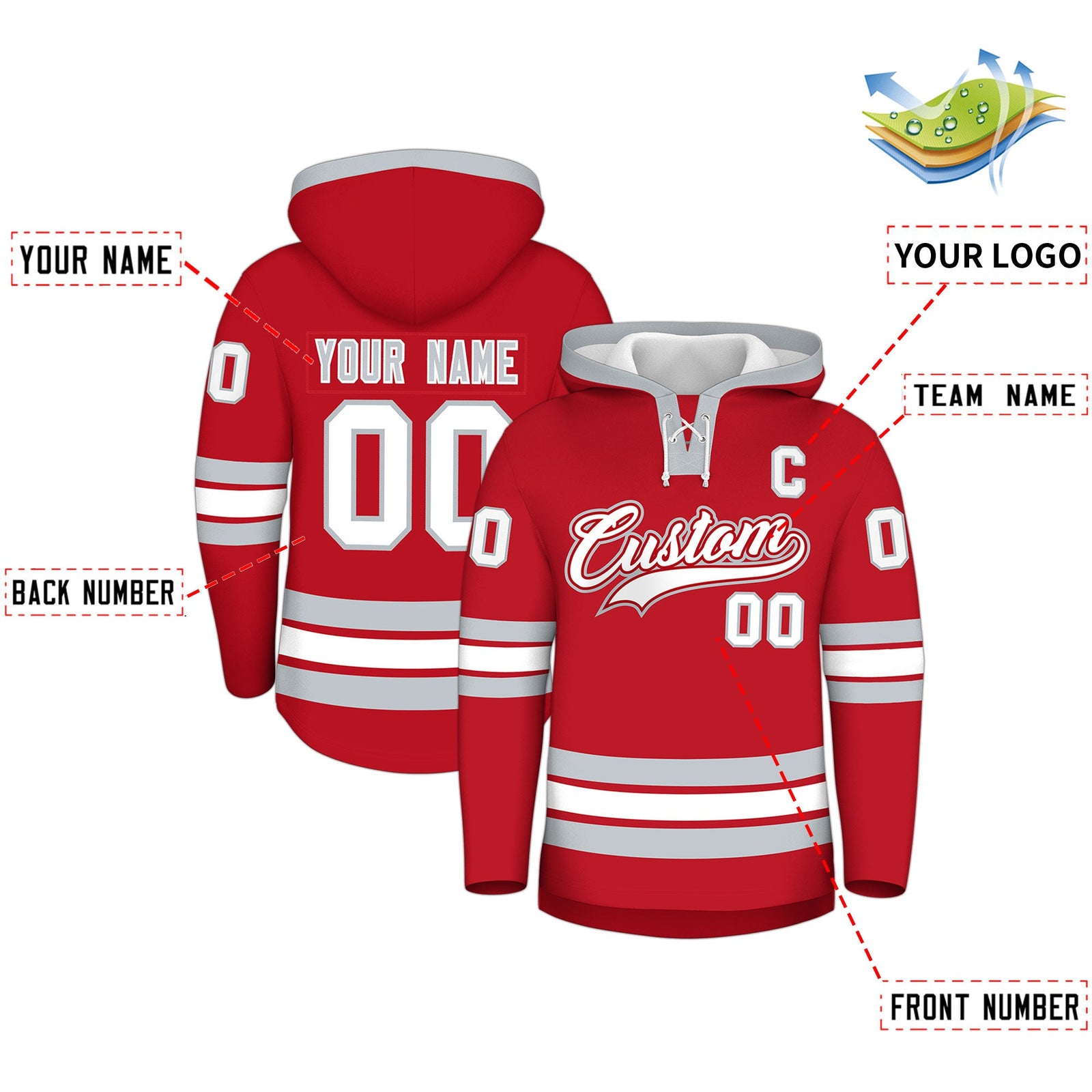 Custom Hockey Hoodie Jersey Red Silver Classic Style Add Name,Number&Logo