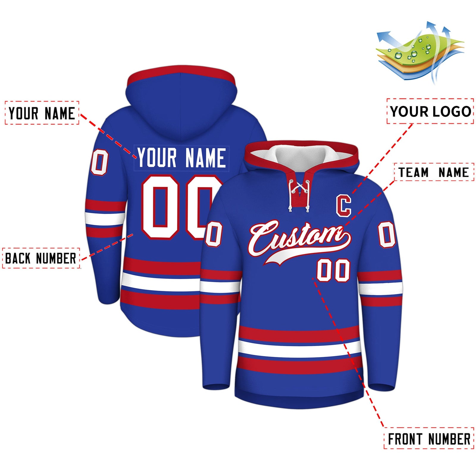 Custom Hockey Hoodie Jersey Royal Blue Red Classic Style Add Name,Number&Logo