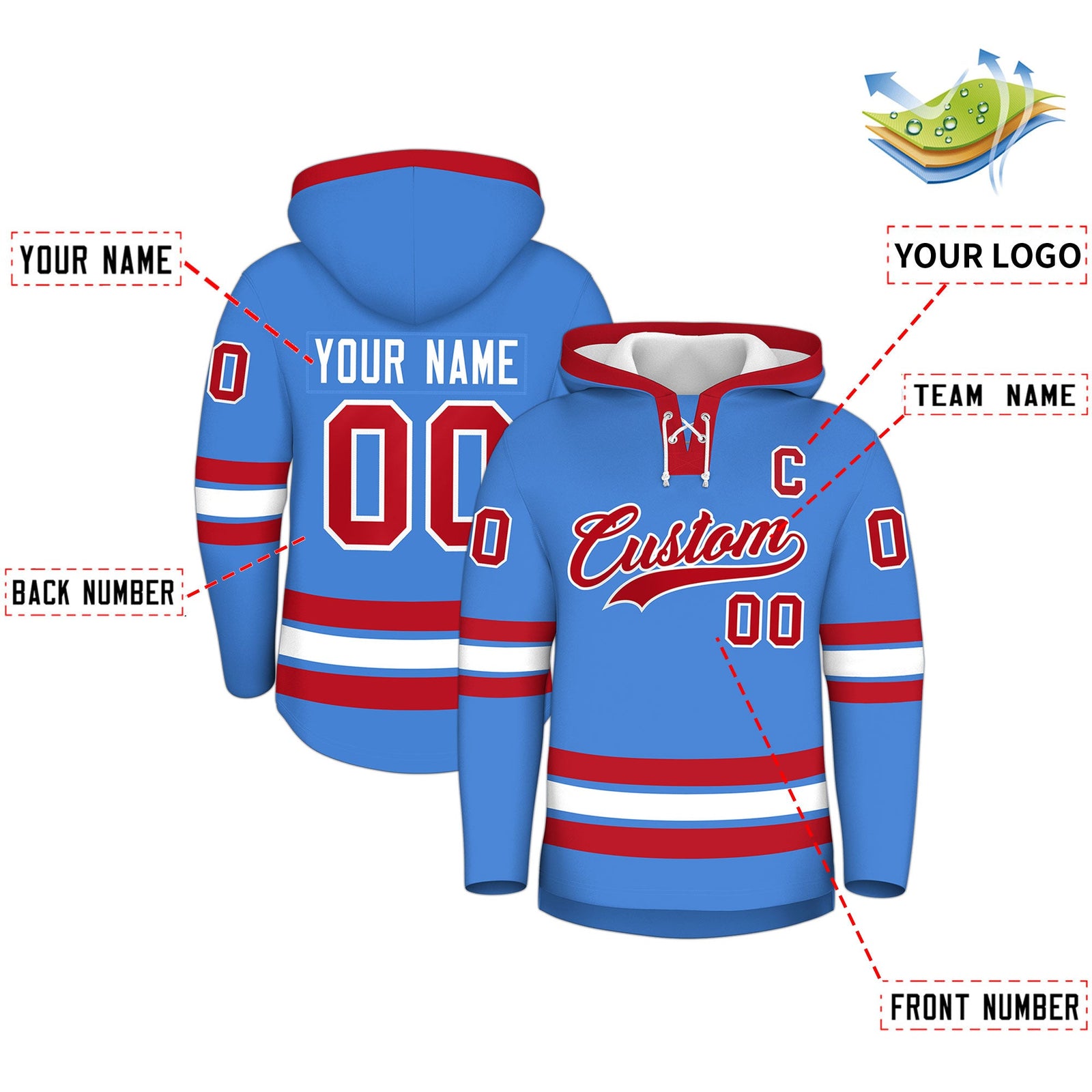 Custom Hockey Hoodie Jersey Powder Blue Red Classic Style for Men&Youth