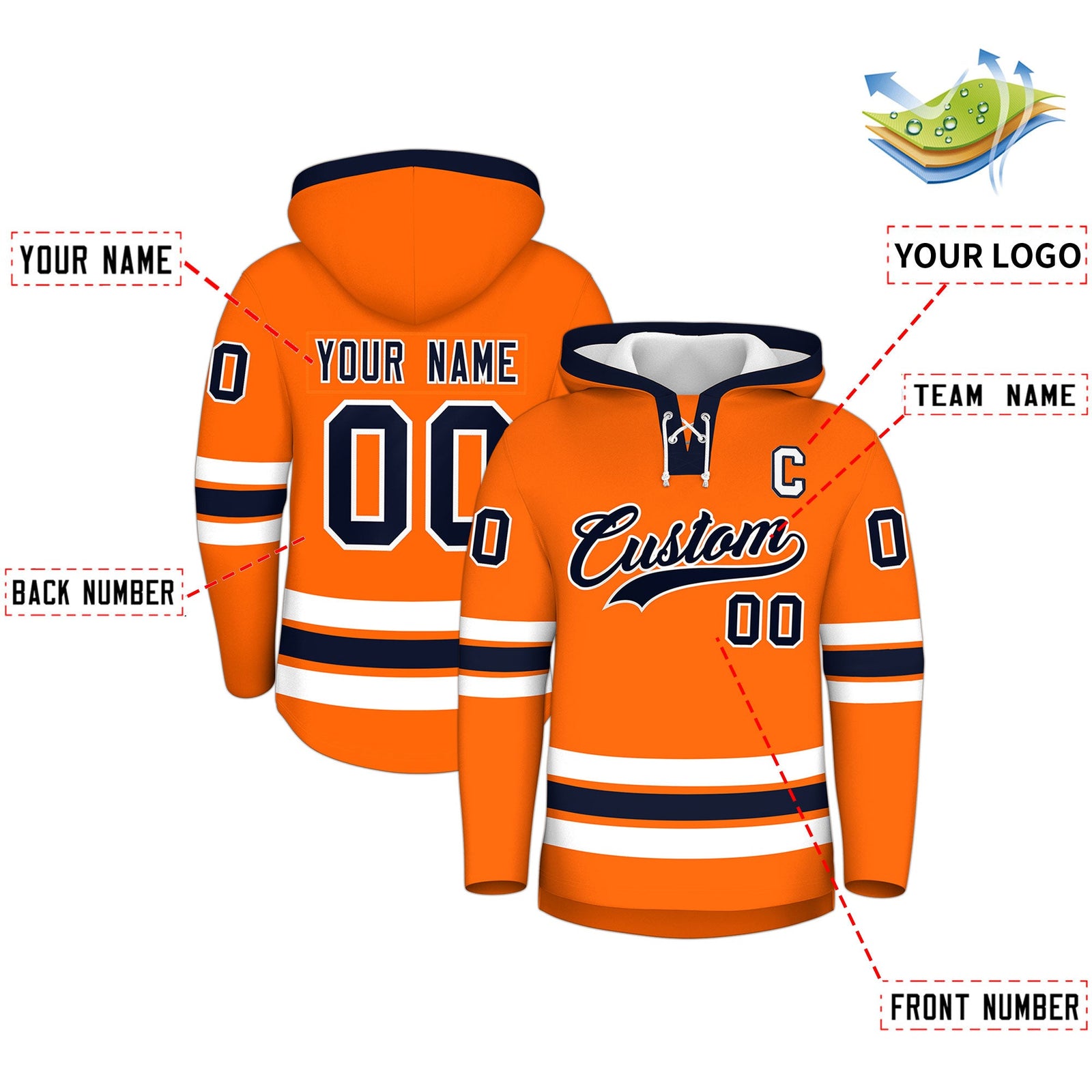 Custom Hockey Hoodie Jersey Orange Navy Classic Style Add Name,Number&Logo