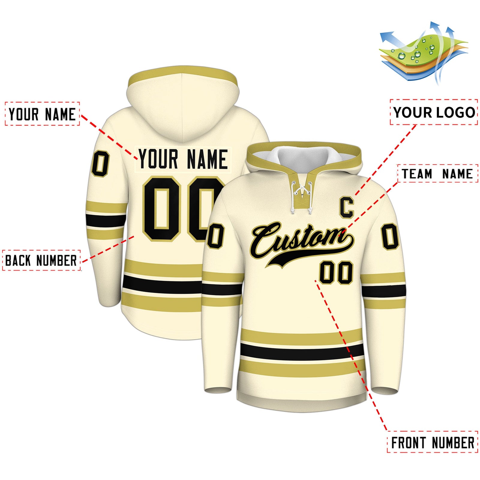 Custom Hockey Hoodie Jersey Cream Old Gold Classic Style for Men&Youth