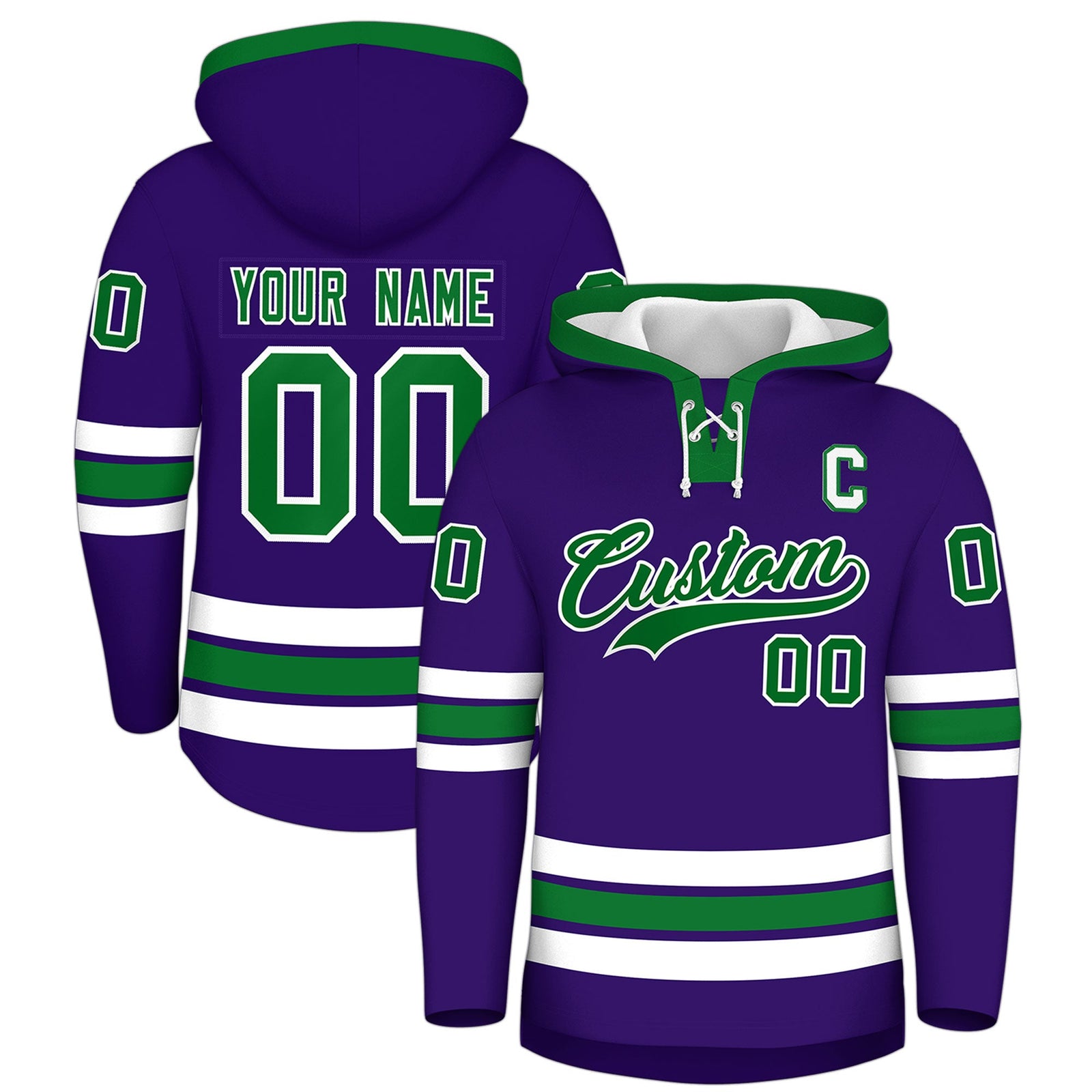 Custom Hockey Hoodie Jersey Purple Kelly Green Classic Style for Men&Youth