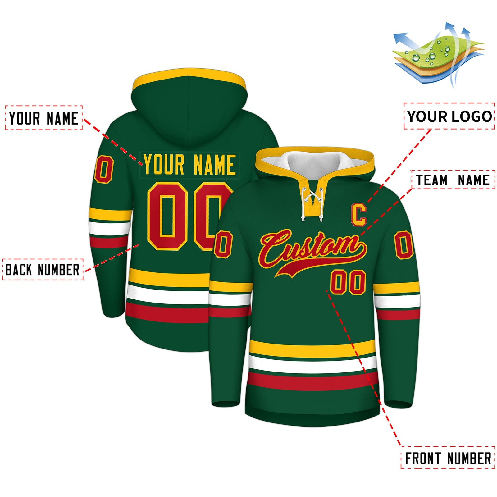 Custom Hockey Hoodie Jersey Dark Green Gold Classic Style Add Name,Number & Logo