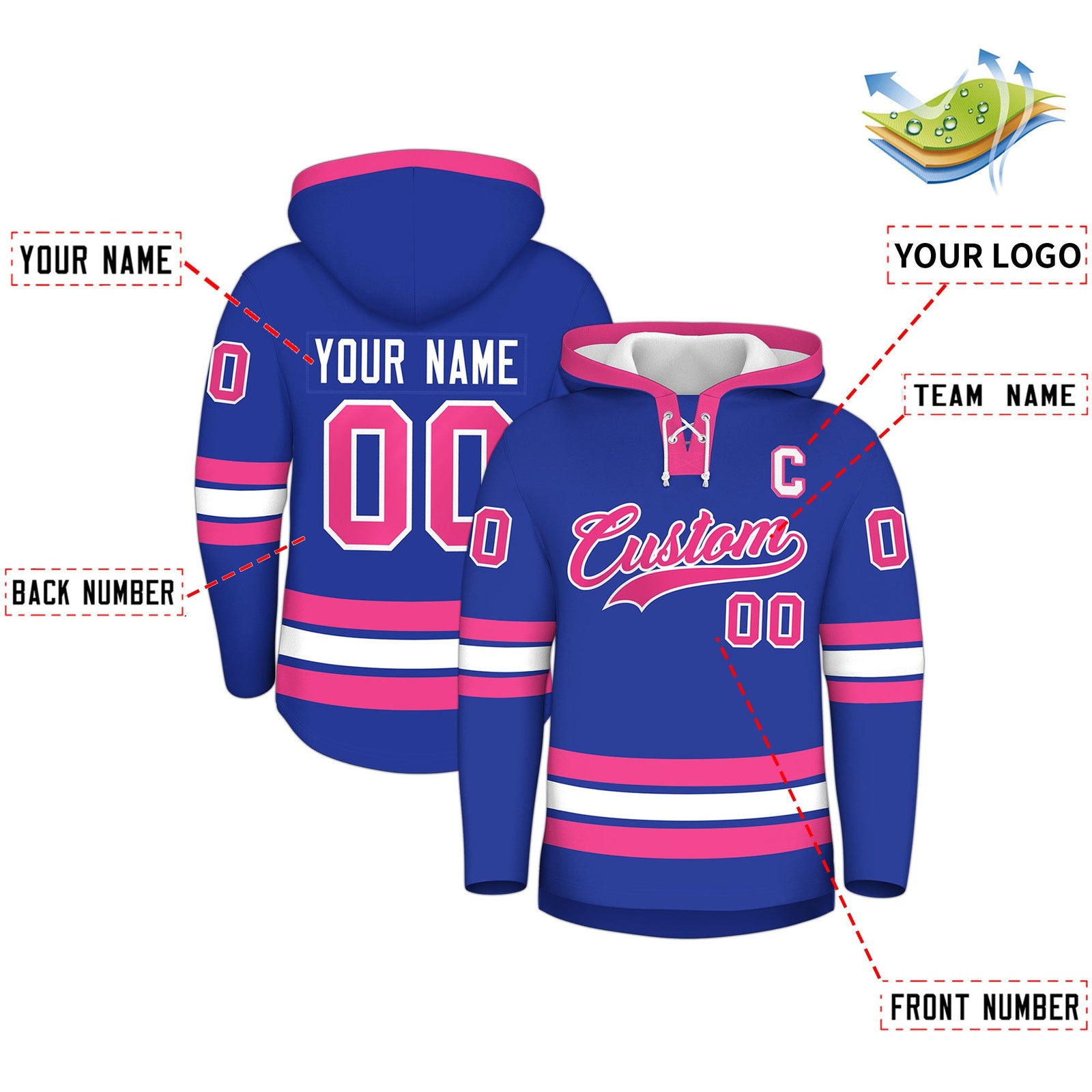 Custom Hockey Hoodie Jersey Royal Blue Pink Classic Style Add Name,Number & Logo