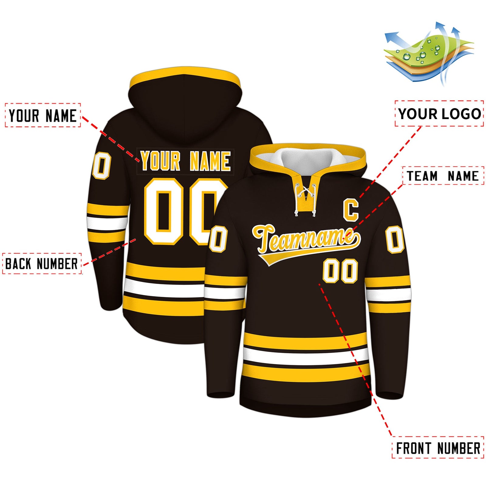 Custom Hockey Hoodie Jersey Brown Gold Classic Style Add Name,Number & Logo