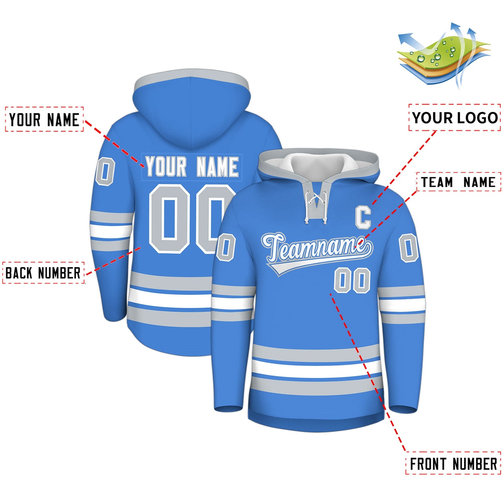 Custom Hockey Hoodie Jersey Powder Blue Silver Classic Style for Men&Youth
