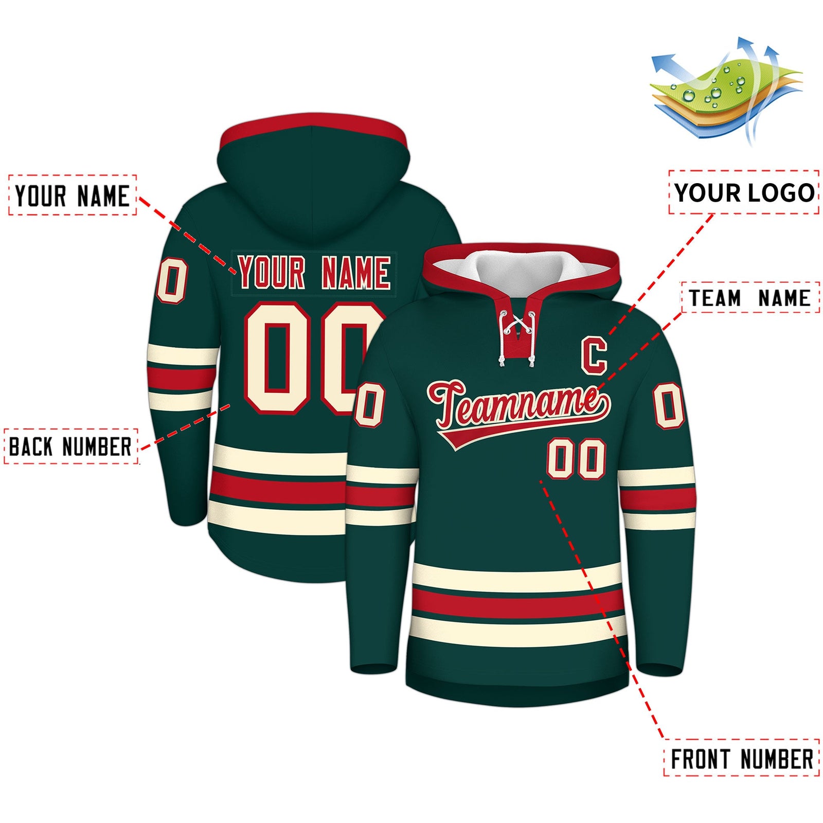 Custom Hockey Hoodie Jersey Midnight Green Red Classic Style Add Name,Number&Logo