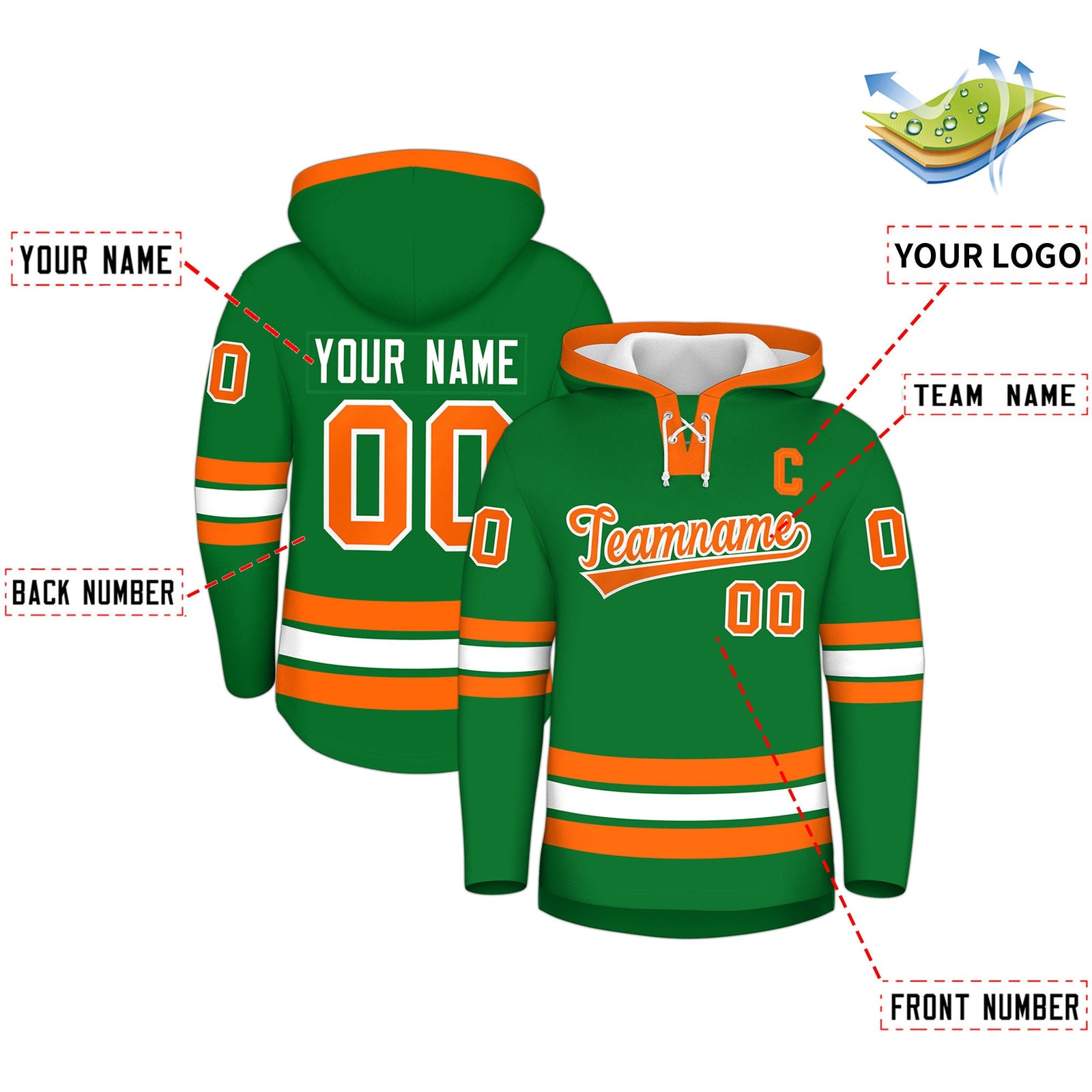 Custom Hockey Hoodie Jersey Kelly Green Orange Classic Style for Men&Youth
