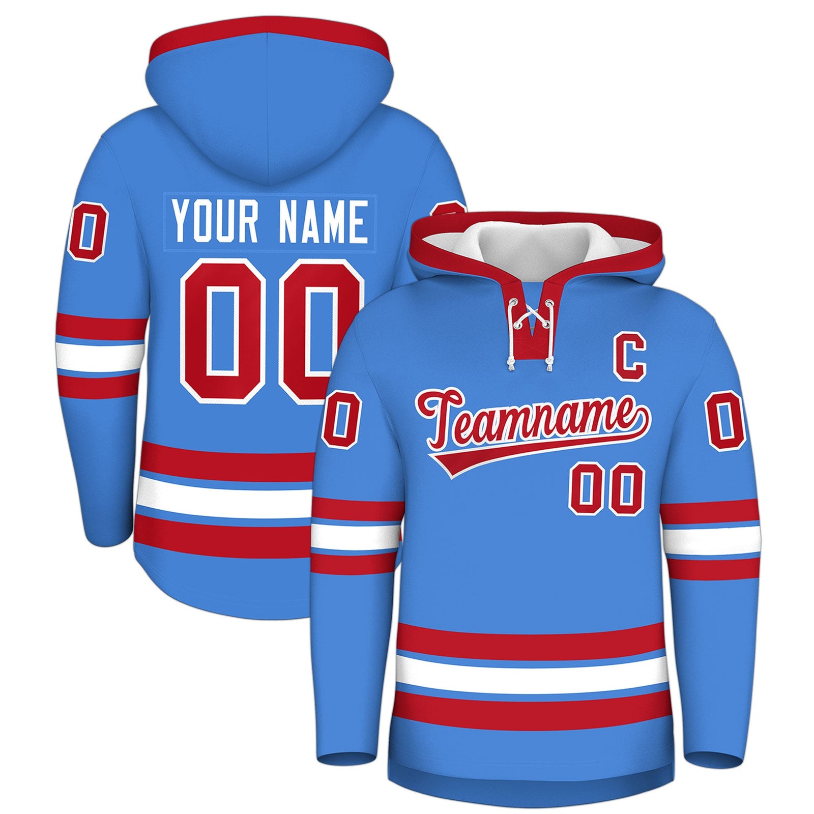 Custom Hockey Hoodie Jersey Powder Blue Red Classic Style for Men&Youth