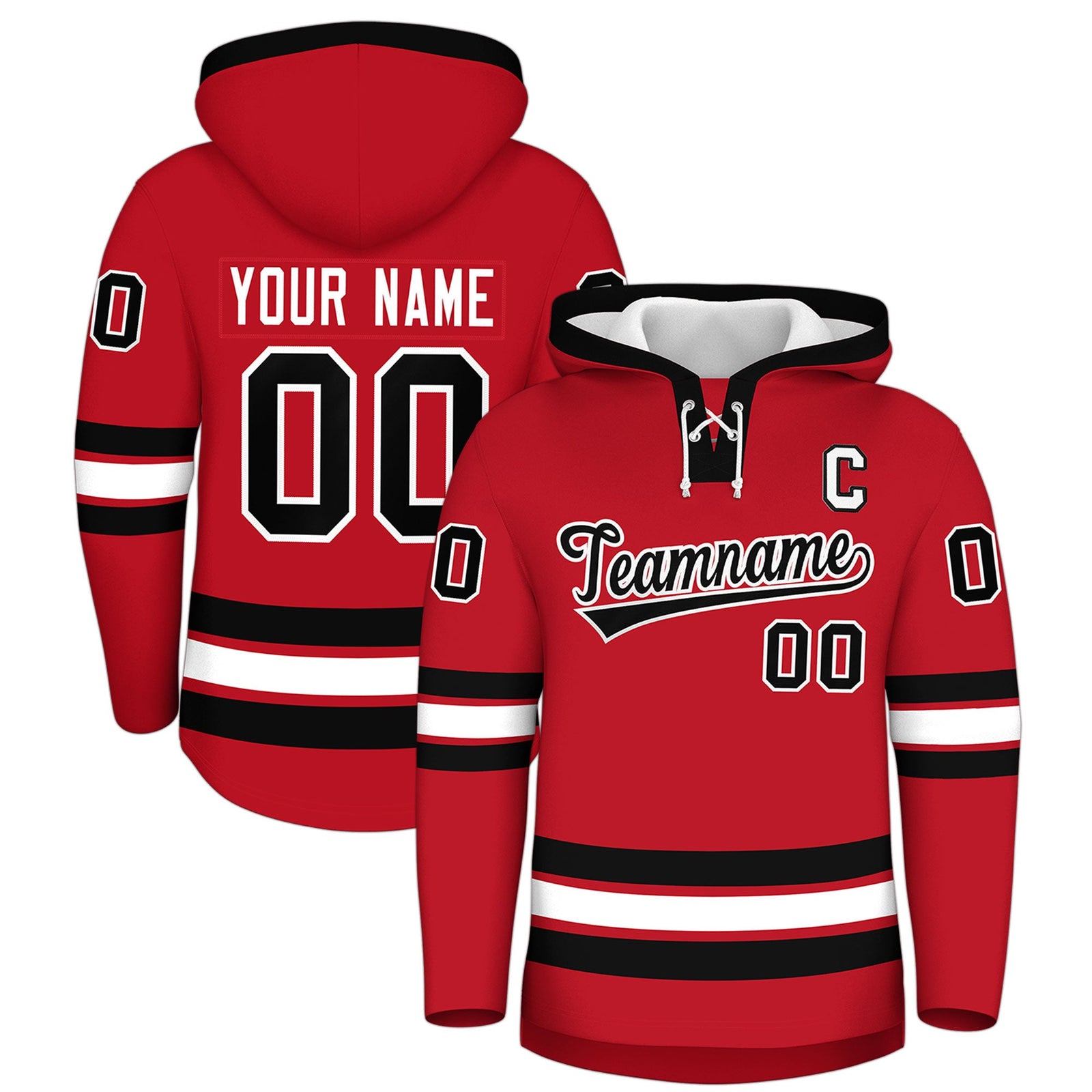 Custom Hockey Hoodie Jersey Red Black Classic Style Add Name,Number&Logo
