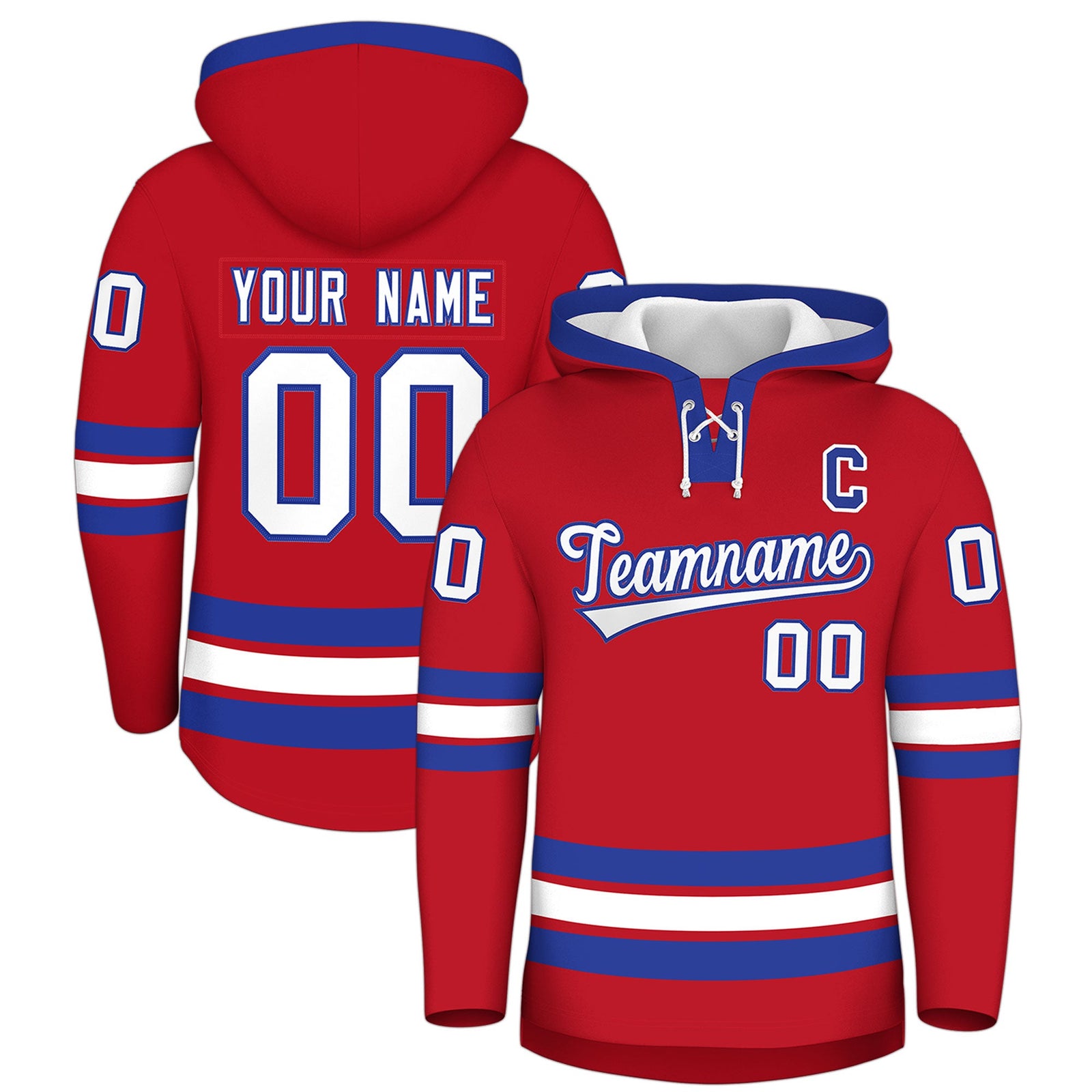 Custom Hockey Hoodie Jersey Red Royal Blue Classic Style Add Name,Number&Logo