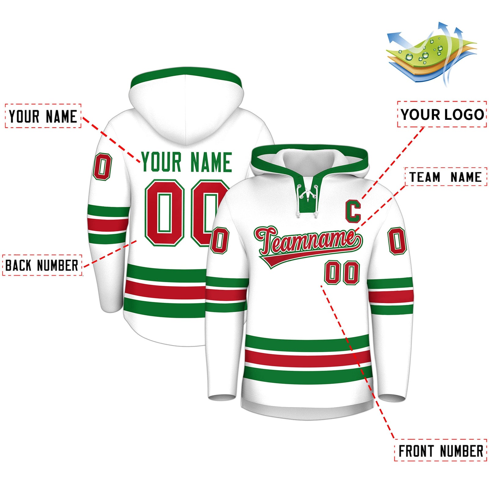 Custom Hockey Hoodie Jersey White Kelly Green Classic Style Add Name,Number&Logo