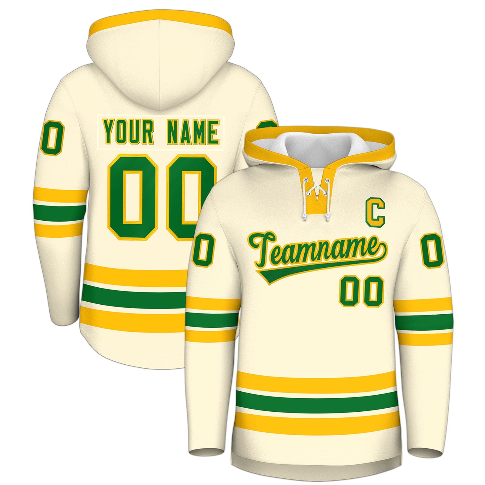 Custom Hockey Hoodie Jersey Cream Kelly Green Classic Style Add Name,Number&Logo