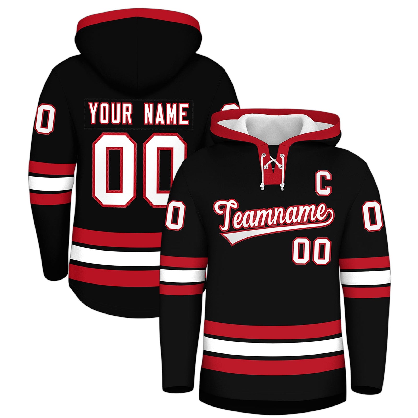 Custom Hockey Hoodie Jersey Black Red Classic Style Add Name,Number&Logo