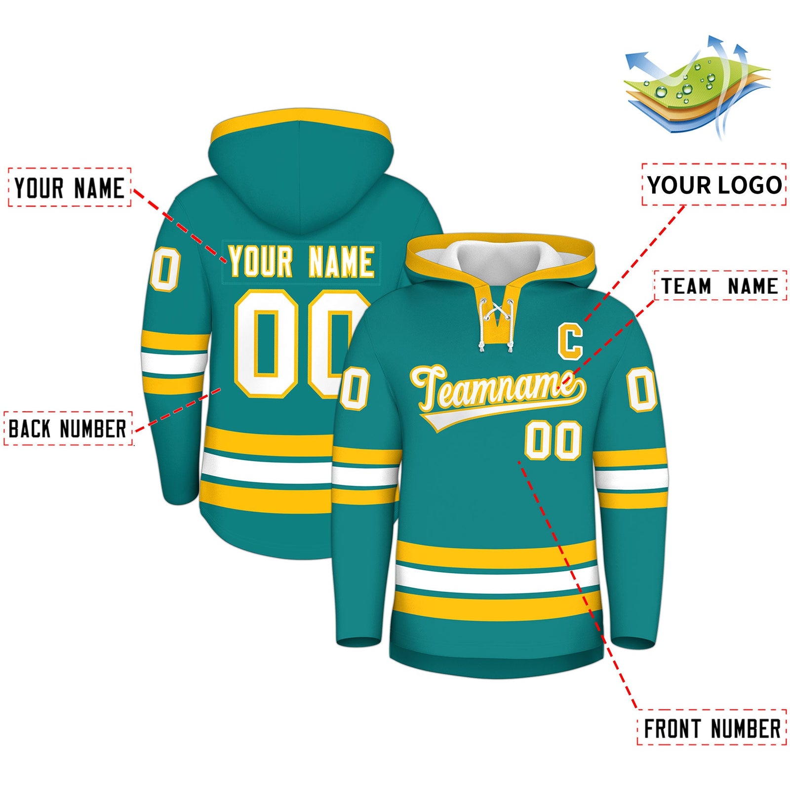 Custom Hockey Hoodie Jersey Teal Gold Classic Style Add Name,Number & Logo